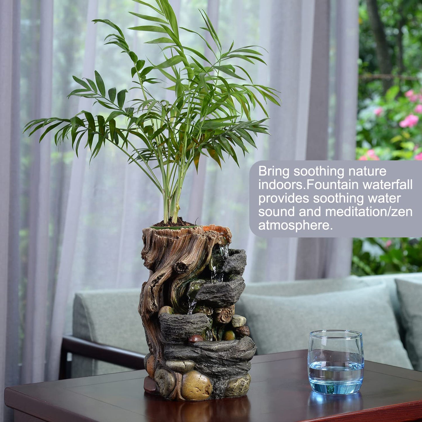 GOSSI Indoor 5-Tier Rockery Tabletop Waterfall Fountain with Auto Watering and Small Plastic Plant Pot, Decorative Home Water Fountain (22021)