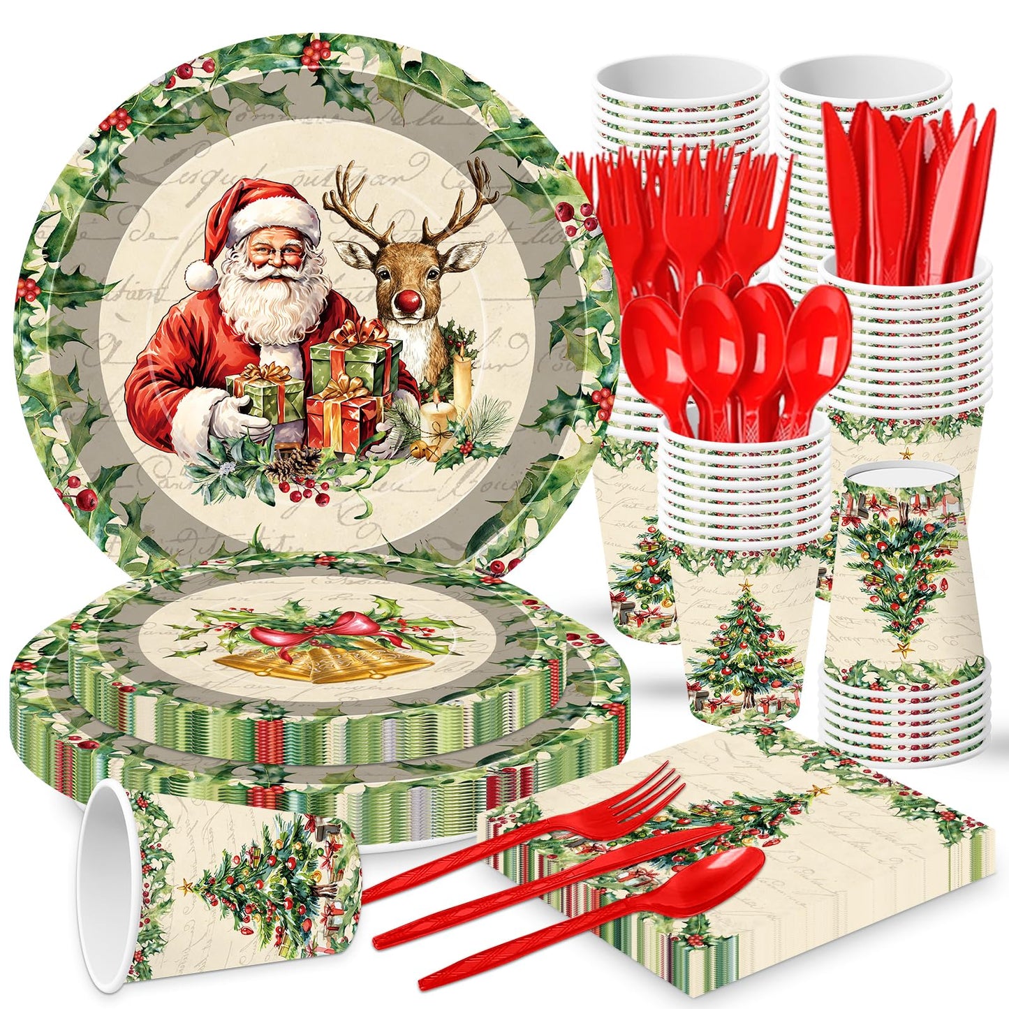 140 Pcs Christmas Party Supplies Set, Disposable Dinnerware Set for 20 Guests Includes 7 & 9 Inch Santa & Reindeer Paper Plates, Napkins, Cups, Forks, Spoons, Knives for Holiday Tableware