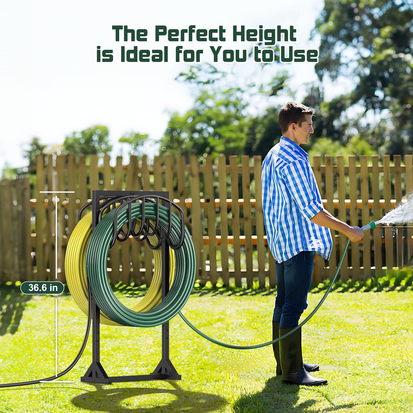 Garden Hose Holder Holds 2 x 151FT Hoses, Heavy-Duty Metal Freestanding Hose Stand Hanger with Stable Base, Rustproof Water Hose Holders for Outside Yard Lawn Farm, Black
