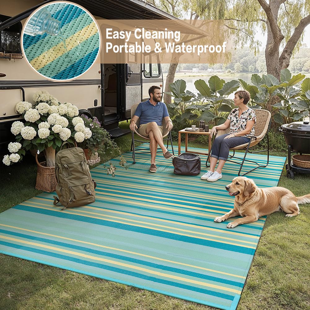 WondRg Outdoor Plastic Straw Rug Waterproof Patio 8x10 Teal Yellow Stripe Mat for Porch Camping RV Balcony Deck Courtyard Reversible Lightweight Durable Portable Carpet