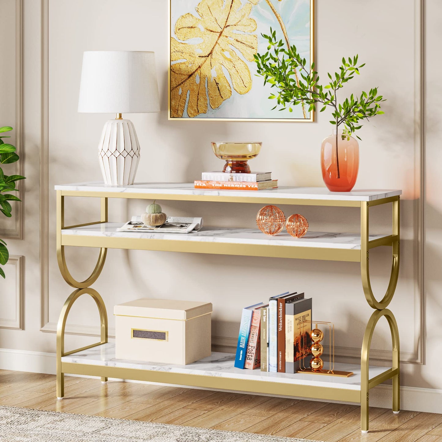 Tribesigns 3-Tier Console Table, 55 inch Sofa Table with Open Storage Shelves, Narrow Long Hallway/Entryway Table with Faux Marble Top for Home Living Room Entryway, White & Gold