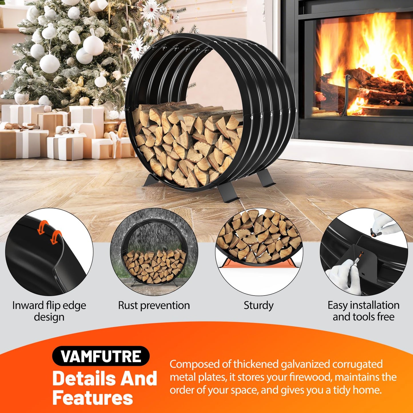 VAMFUTRE Round Metal Sheet Firewood Rack Indoor by Fireplace/Outdoor Beside Fire Pit-with Metal Legs,Rustproof,Durable & Stylish Firewood Holder (Circle, 24 Inches Diameter)