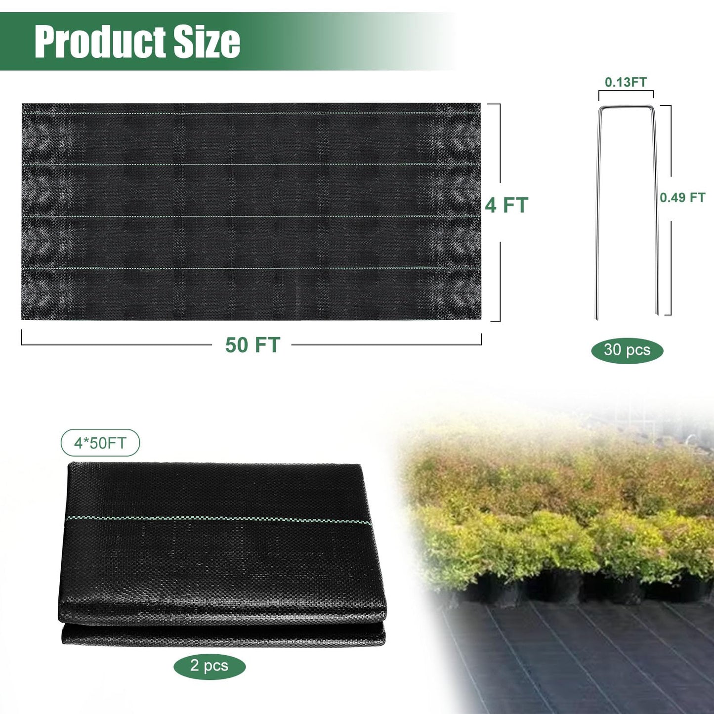 4 x 100FT Garden Weed Barrier Landscape Fabric Heavy Duty Weed Fabric Barrier Premium Garden Ground Cover Weed Control Mat with 30 U-Shaped Securing Pegs for Garden Farming Ground (4 x 50FT 2 Pack)