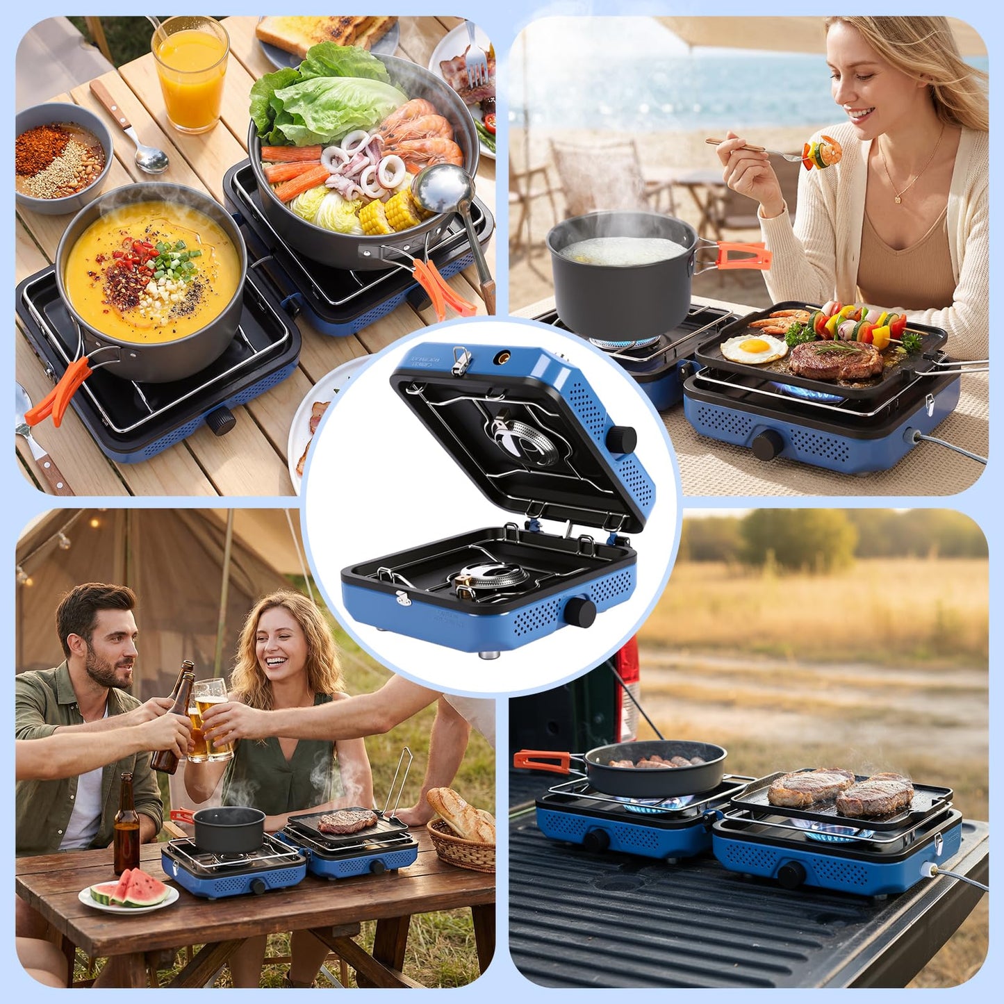 Hisencn 2 Burner Propane Camping Stove, 30000 BTU Foldable Portable Gas Stove with Cookware Set & Carry Bag, Outdoor Cooking for Camping, RV, Emergency Use, Blue
