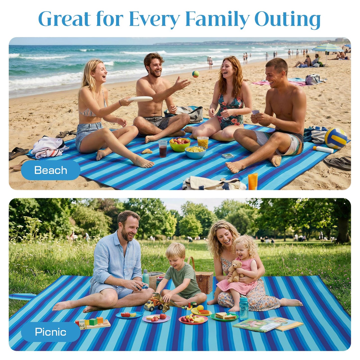Beach Blanket Sandproof - Oversized Extra Large Waterproof Beach Mat for 3-4 People, Lightweight Sand Free Mat for Summer Vacation with 6 Stakes & 4 Corner Pockets for Beach, Camping 7x7ft Blue Stripe
