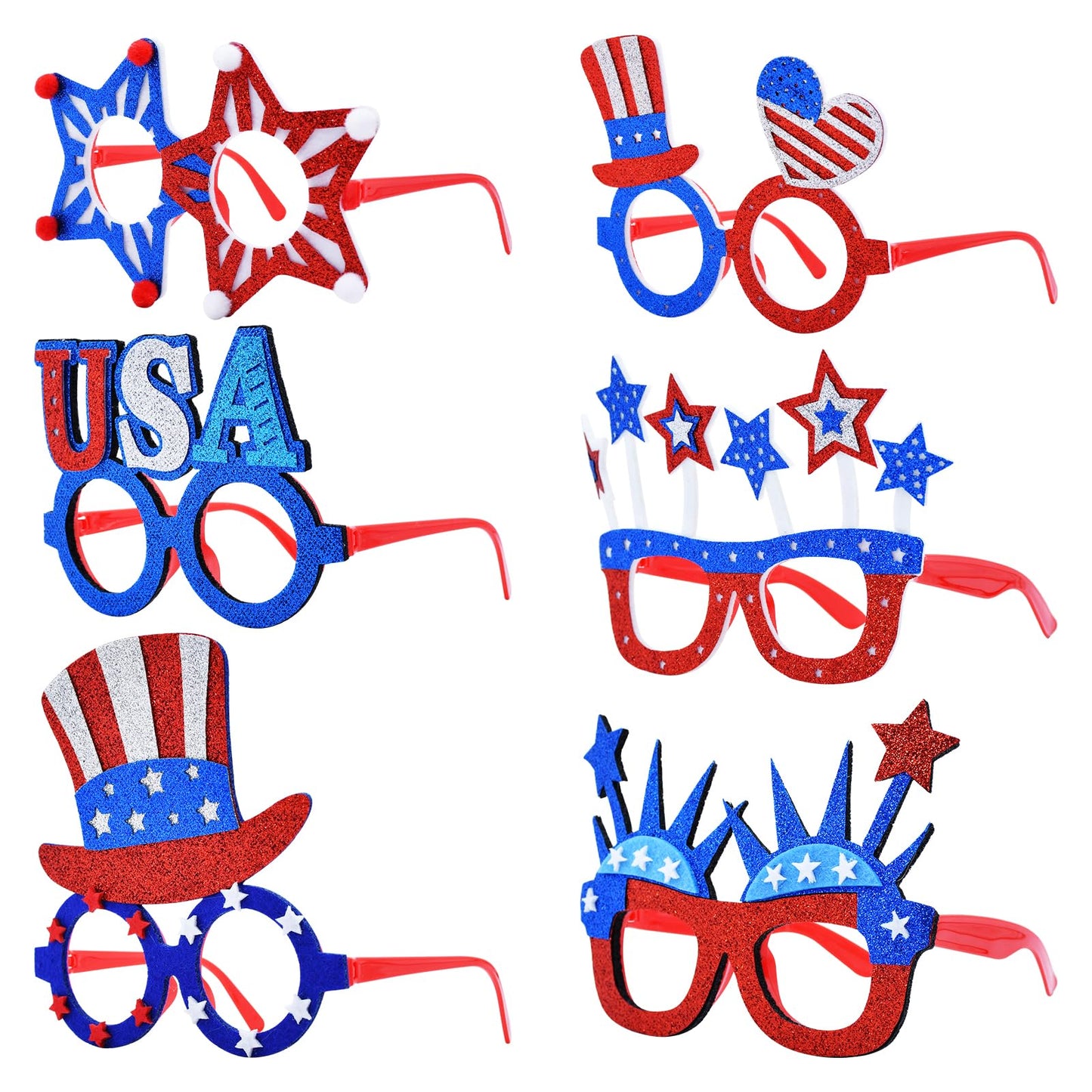 Wobeny 6 Pcs 4th of July Glasses Party Decor, Glitter Party Sunglasses Frames Novelty Costume Eyeglasses Photo Props for Adults, Independence Day Decorations Fun Holiday Party Favors, Memorial Day