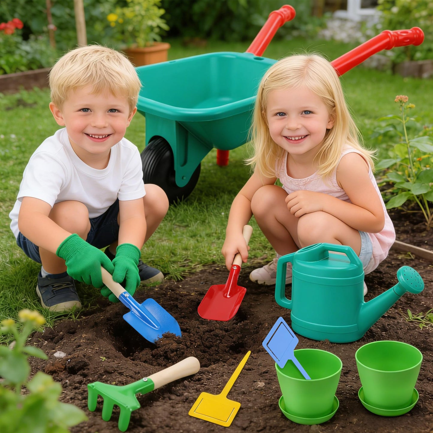 CUTE STONE Kids Gardening Set with Toy Wheelbarrow, Indoor & Outdoor Yard Play, Kids Garden Tools & Toddler Gardening Kit with Gloves, Pots & Watering Can, Educational Garden Toys for Boys & Girls