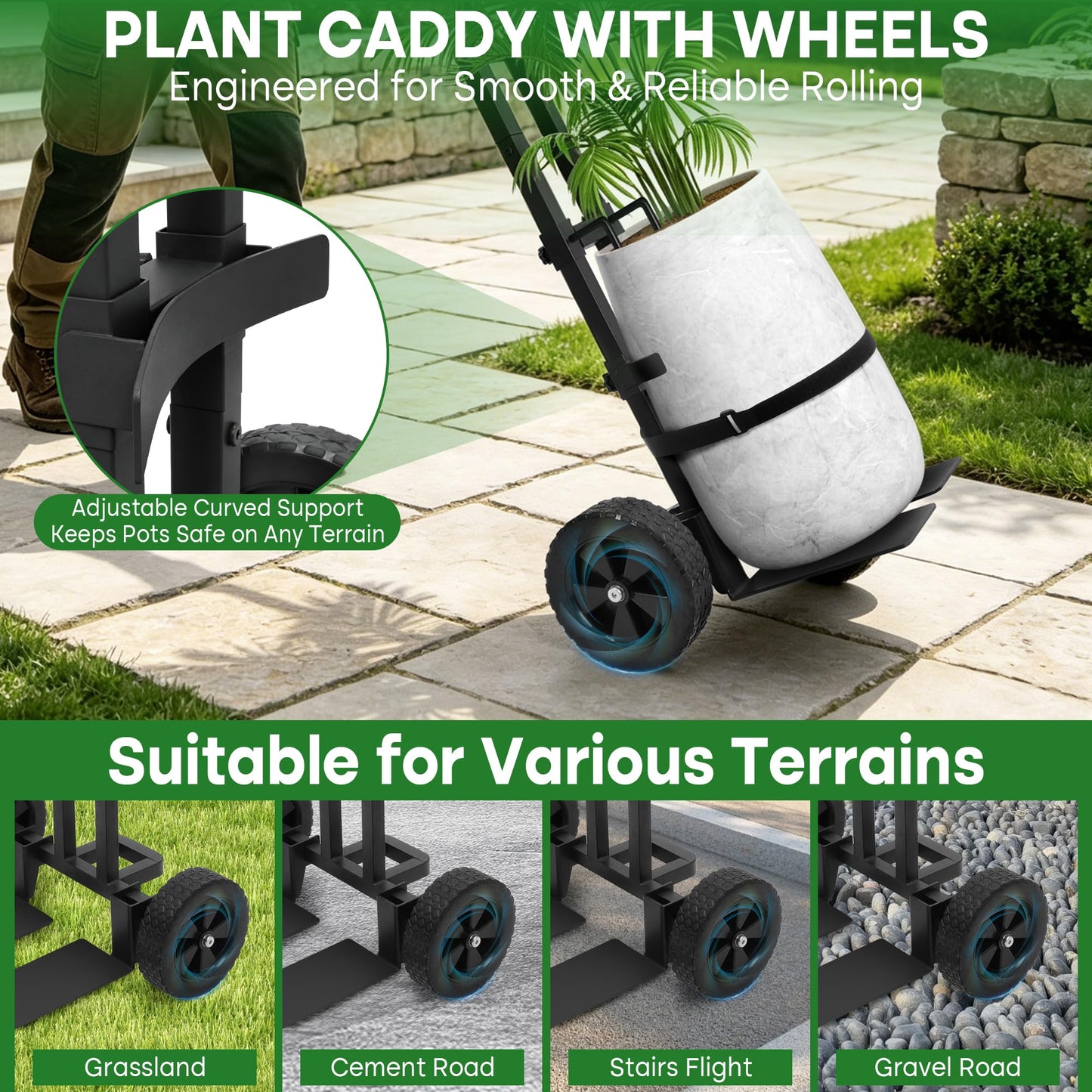 Heavy Duty Plant Caddy with Wheels,Rolling Plant Dolly Pot Mover with Upgraded Adjustable Curved Support and Thickened Wide Support Plate,Disperses Pressure to Protect Plants, Black