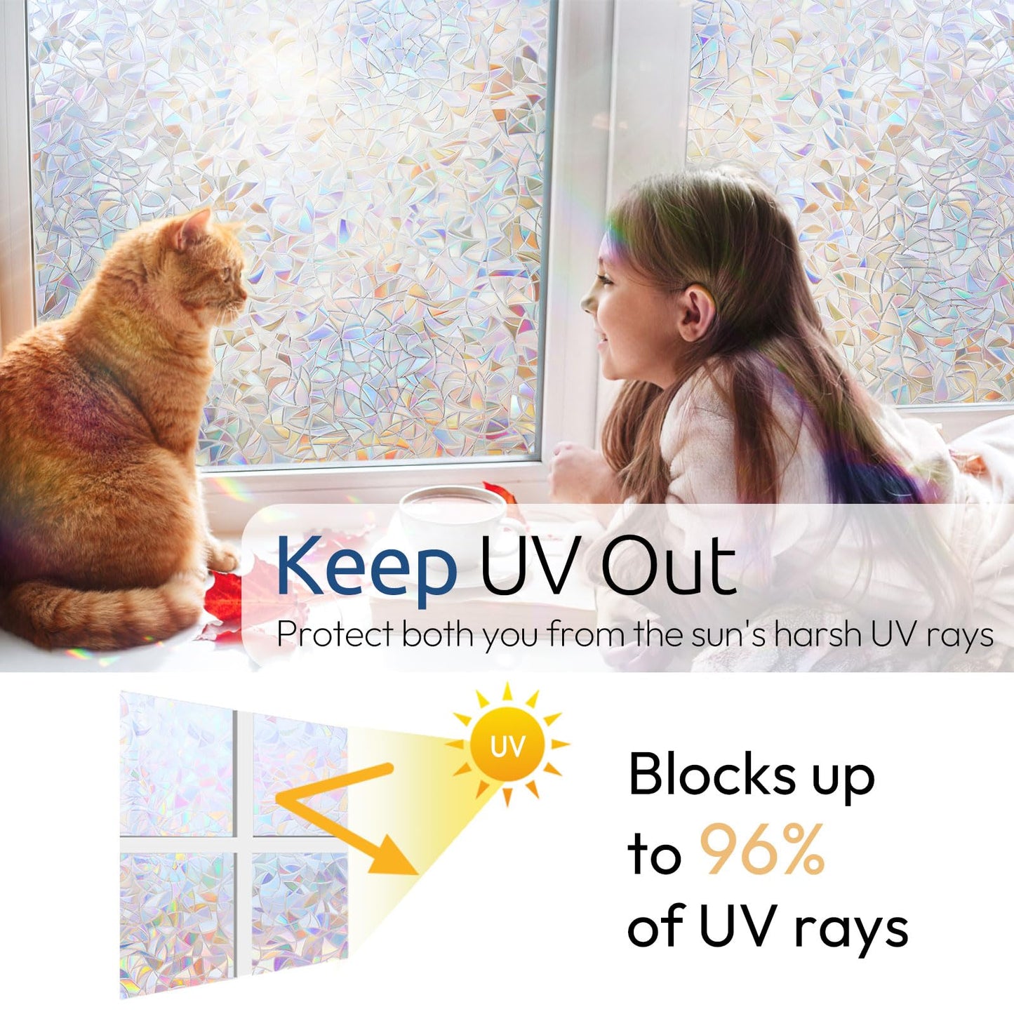 rabbitgoo Window Privacy Film Rainbow Film Decorative Window Sticker, 3D Static Stained Glass Cling Tint for Home Heat Control Non-Adhesive, 17.5 x 78.7 inches
