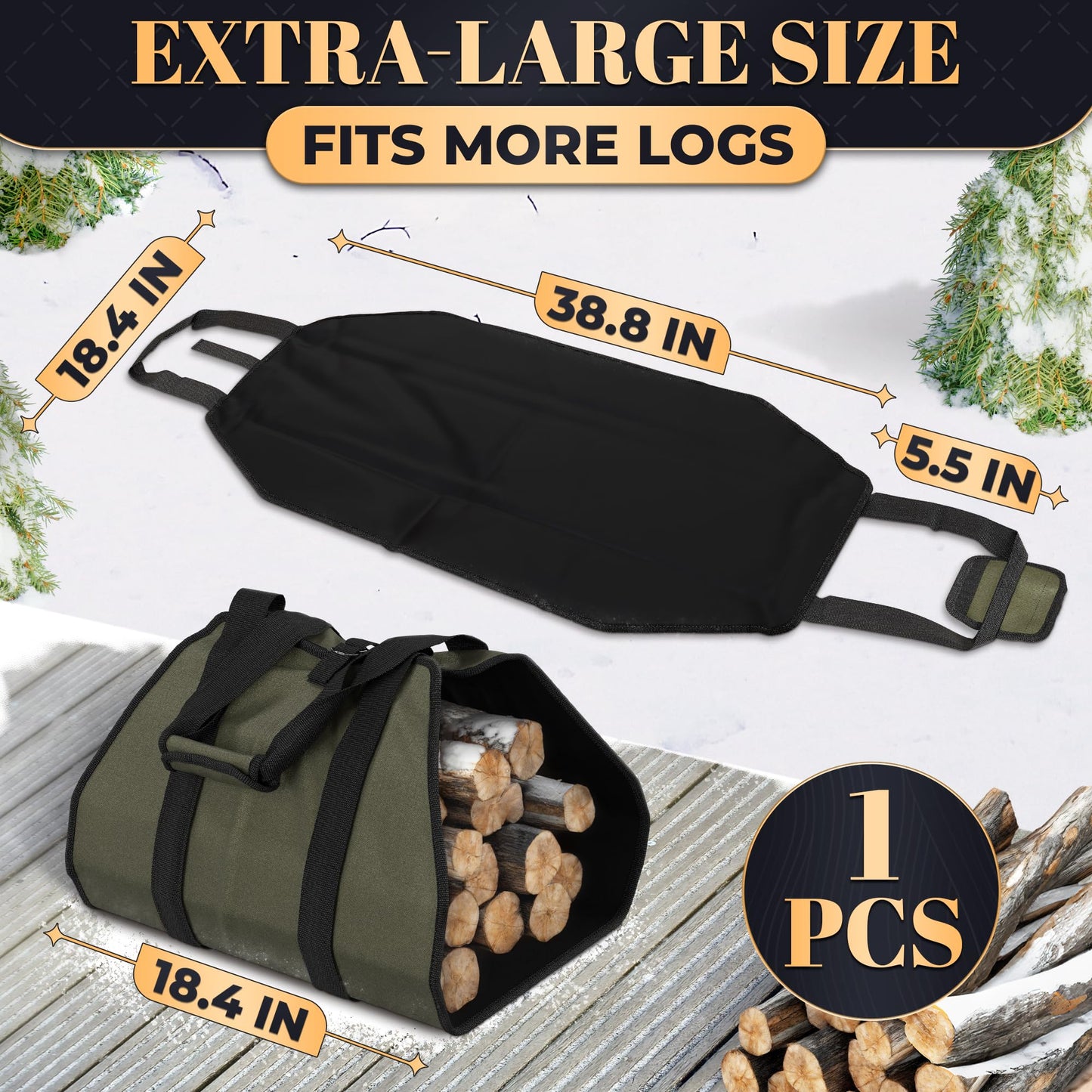 Firewood Carrier Bag 39.4"×18.5" – Waxed Canvas Wood Carrier for Firewood with Reinforced Handles, Hook-and-Loop Grip & Center Strap, Water-Resistant Design with Dust-Blocking Liner | Good for Gifting