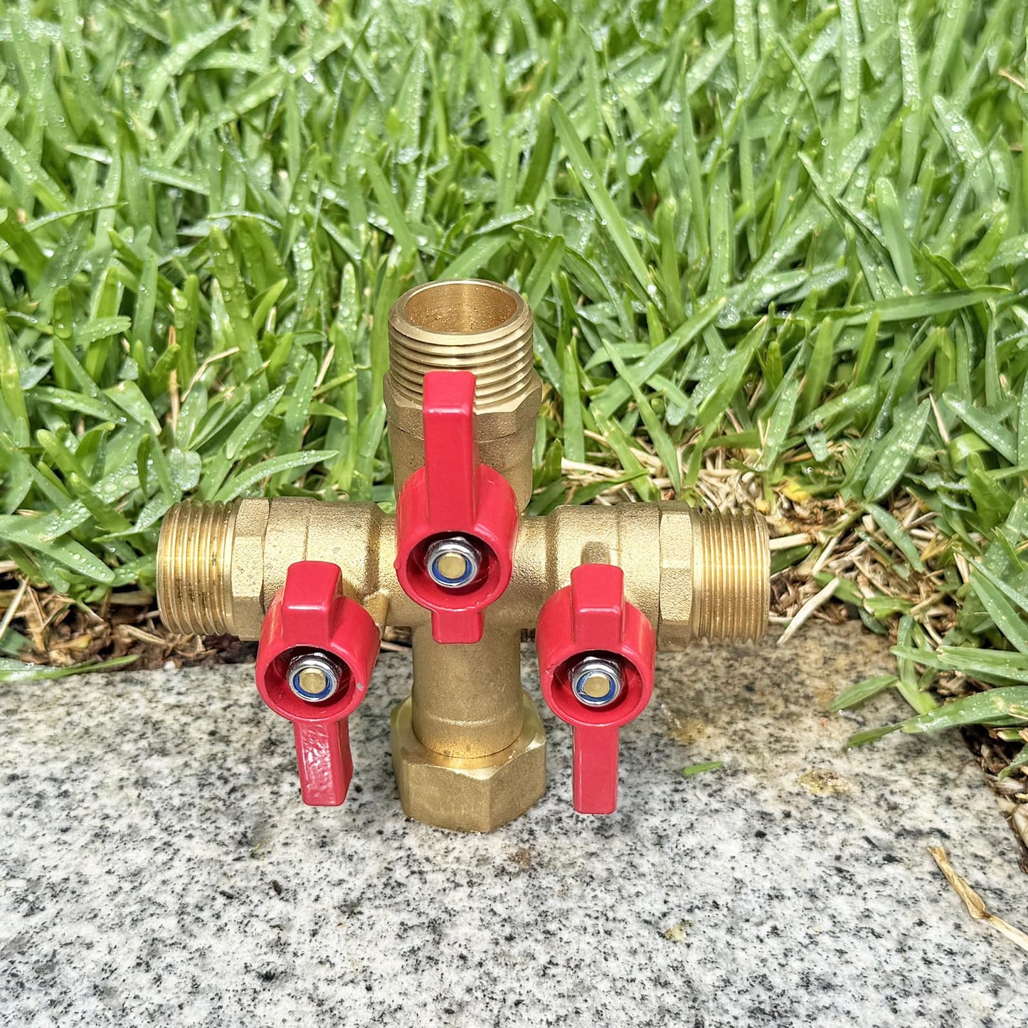 HQMPC Garden Hose Splitter Brass Hose Splitter With Stainless Steel Long Handle Brass Y Valve Water Garden Hose Adapter 3 Way Y Valve 3/4" GHT Thread Red Handle