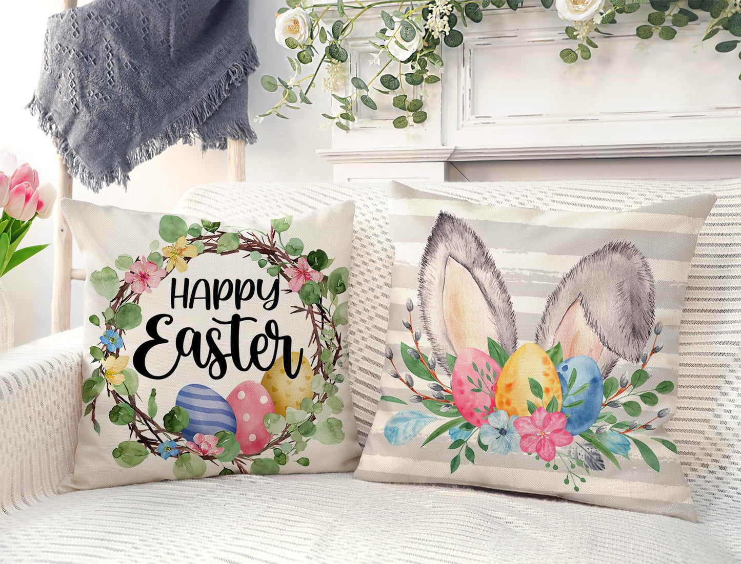 4TH Emotion Gray Easter Pillow Covers 18x18 Set of 4, He is Risen Bunny Floral Eggs Farmhouse Decorations Spring Holiday Decor Throw Cushion Case for Home Couch TH211