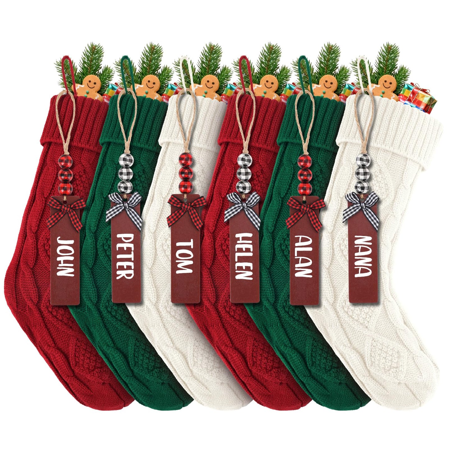 6PACK LumaBria18Inch Cable Knitted Personalized Christmas Stockings, Personalized Hanging Stockings for Holiday Party, Christmas Tree, and Family Home Decor in Red, White, Green