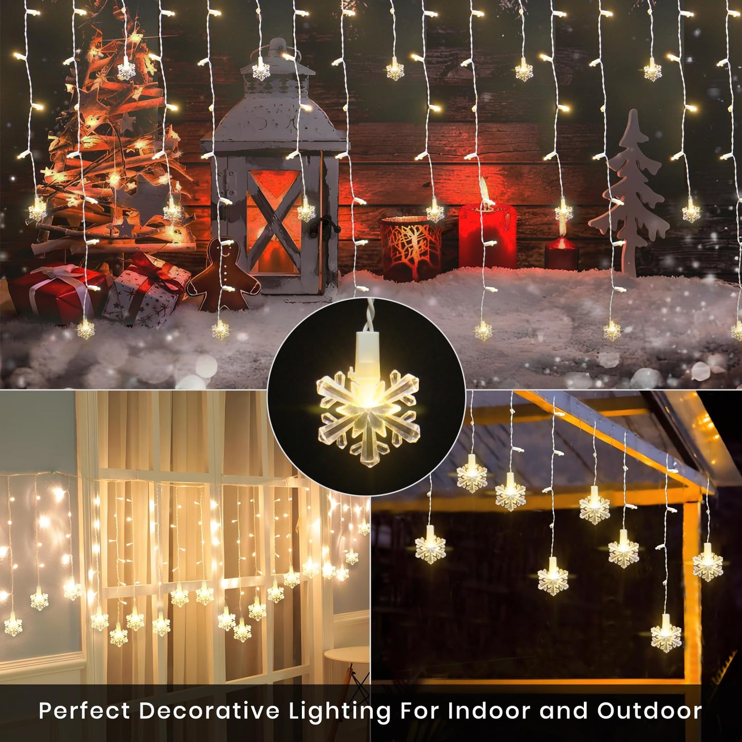 Icicle Lights for Outside 180 Clear Warm White 5MM Led 26.4ft White Wire Snowflake with 8 Mode Function Curtain String Lights Indoor Warm White and Outdoor for roof Patio Garden Bedroom (Remote)