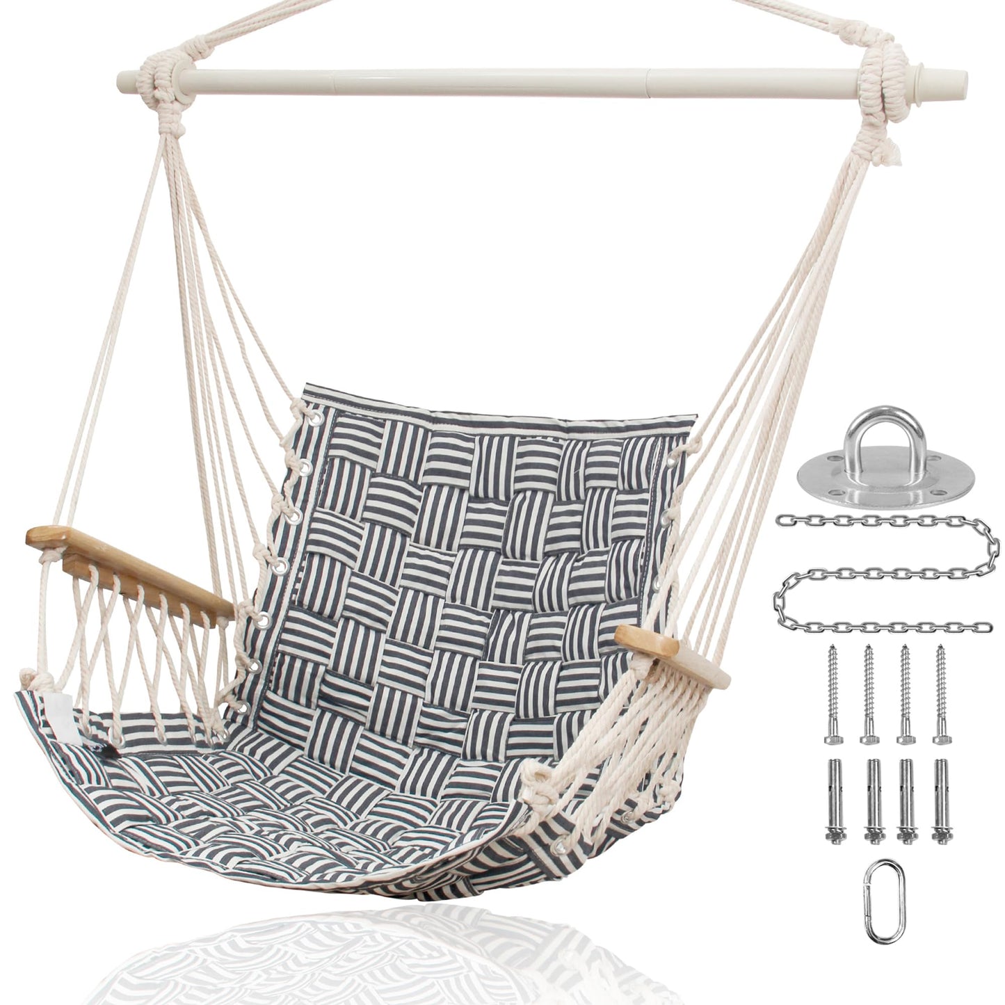 [Upgraded] Hammock Chair Hanging Swing with Wooden Armrests;Steel Spreader Bar and Anti-Slip Rings;Cotton Woven Fabric;Up to 300 Lbs for Bedroom,Patio,Porch,Deck-Indoor Midnight Blue Stripe