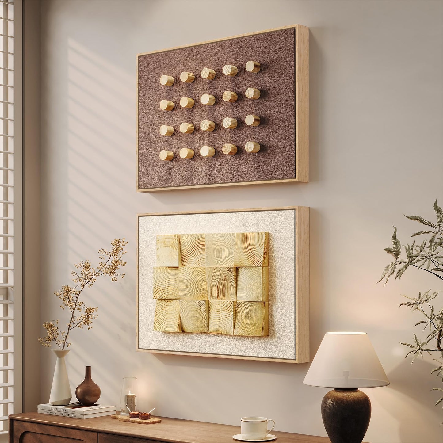 Large Framed Wood Wall Art Set of 2, 3D Minimalist Neutral Geometric Wooden Wall Decor, Modern Beige Brown Textured Paintings Artwork for Living Room, Hallway, Dining Room, Bedroom, Office