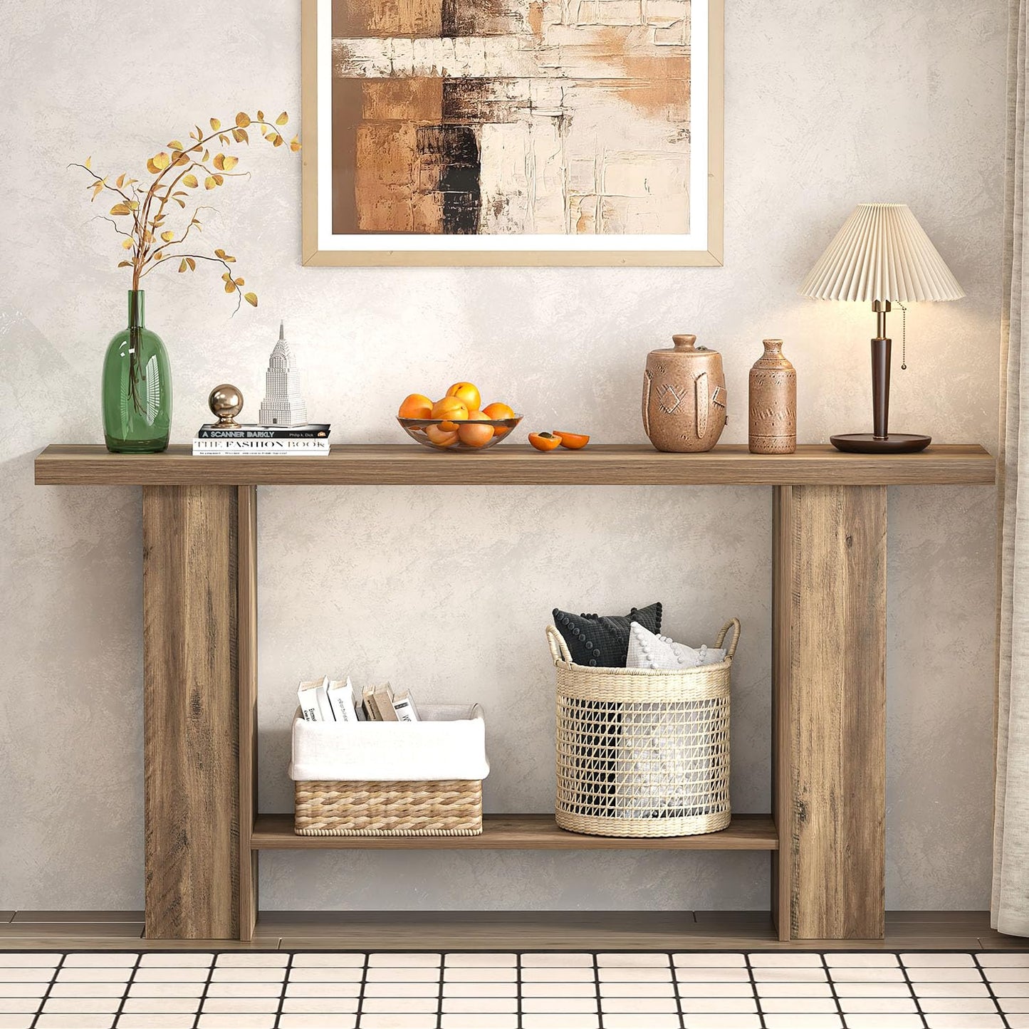 FOLUBAN 53 Inch Long Entryway Table, 2-Tier Wood Console Table with Storage Side Shelves, Farmhouse Sofa Table for Living Room, Narrow Hallway Foyer Table Behind Couch for Home Decor, Rustic Oak