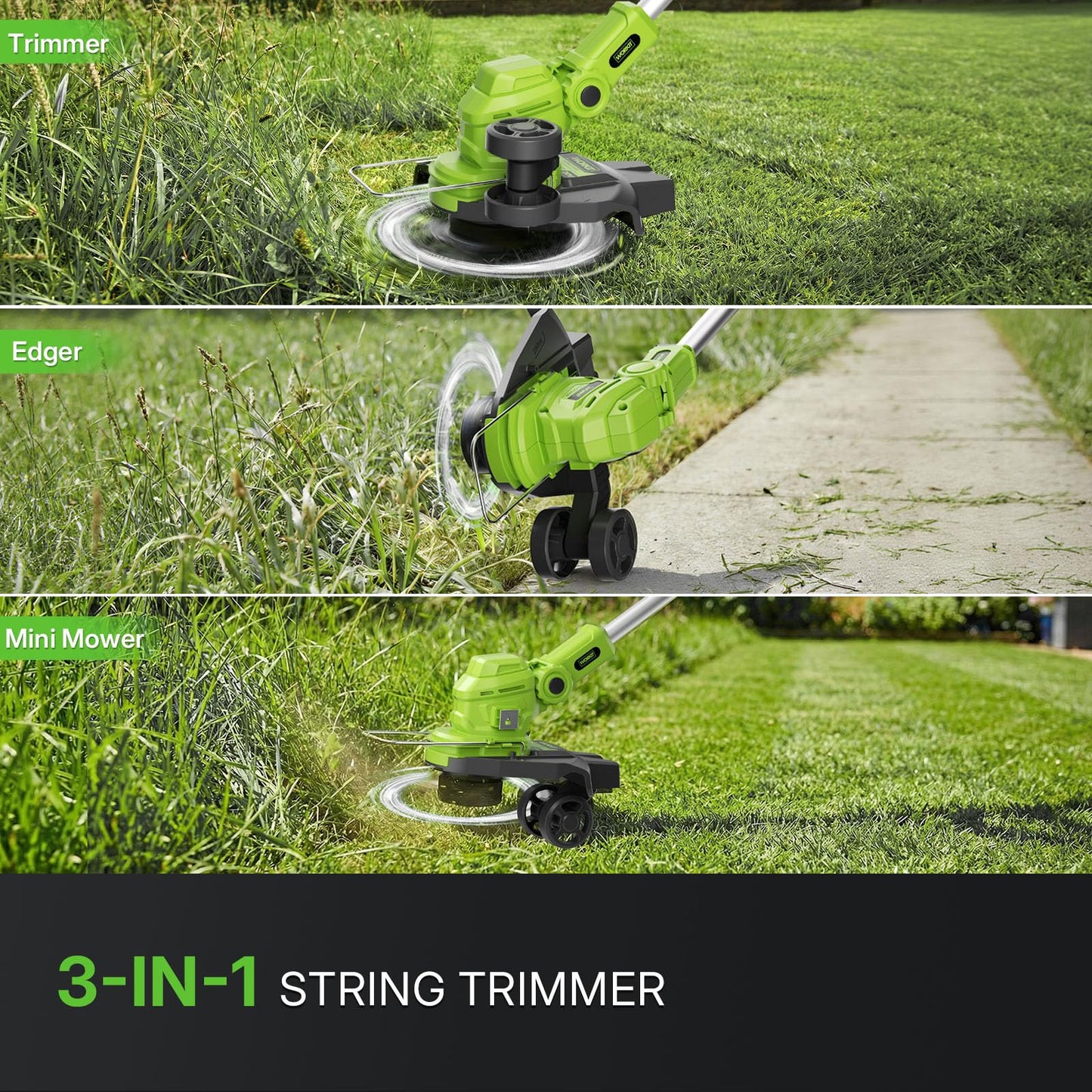WORKIT 20V 3-in-1 Cordless String Trimmer, 12" Edger & Mini Mower, 8700 RPM Weed Eater with 2×4.0Ah High-Capacity Batteries, Auto Line Feed, Lightweight 6lbs, Telescopic Shaft for Lawn & Yard