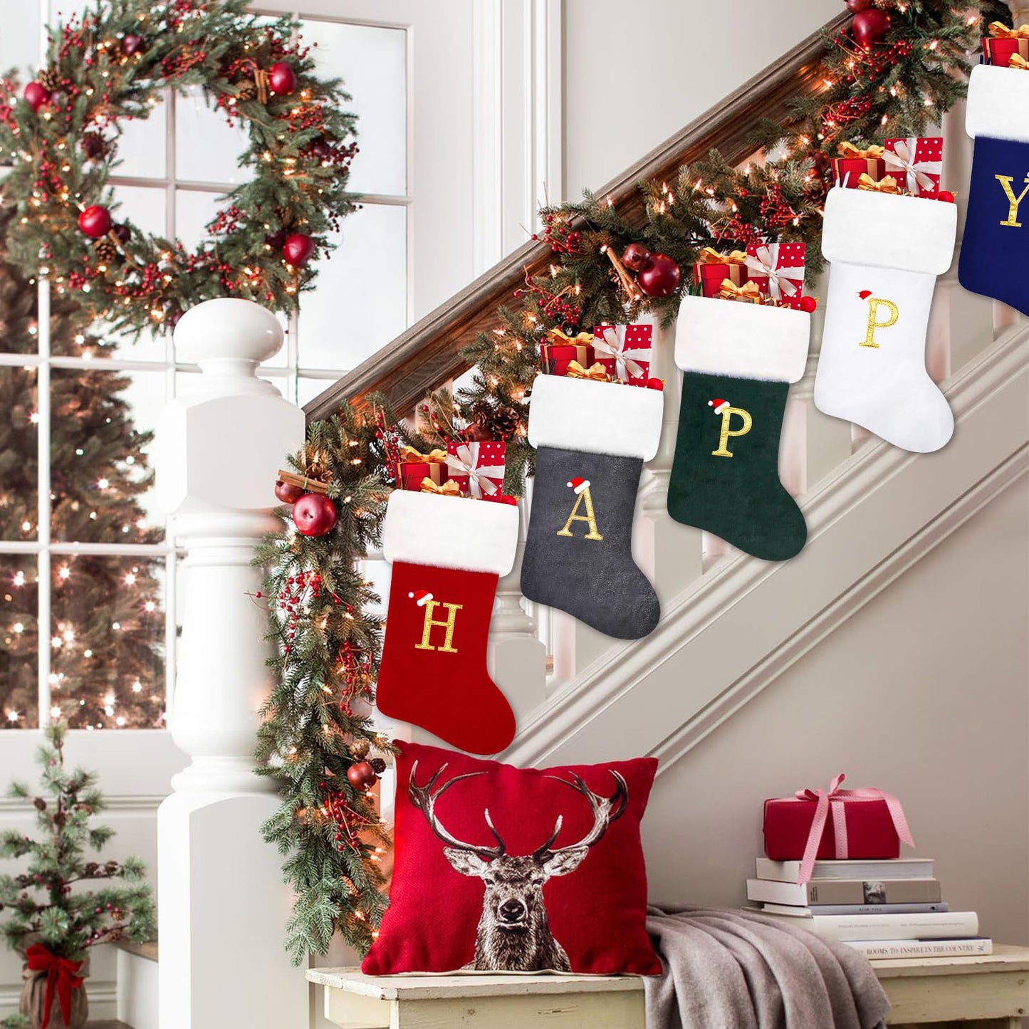 20 Inches Monogram Christmas Stockings, Purple Velvet with White Super Soft Plush Cuff Embroidered Letter Christmas Stocking, Personalized Xmas Stocking for Xmas Tree Holiday Fireplace Family Decor（B）