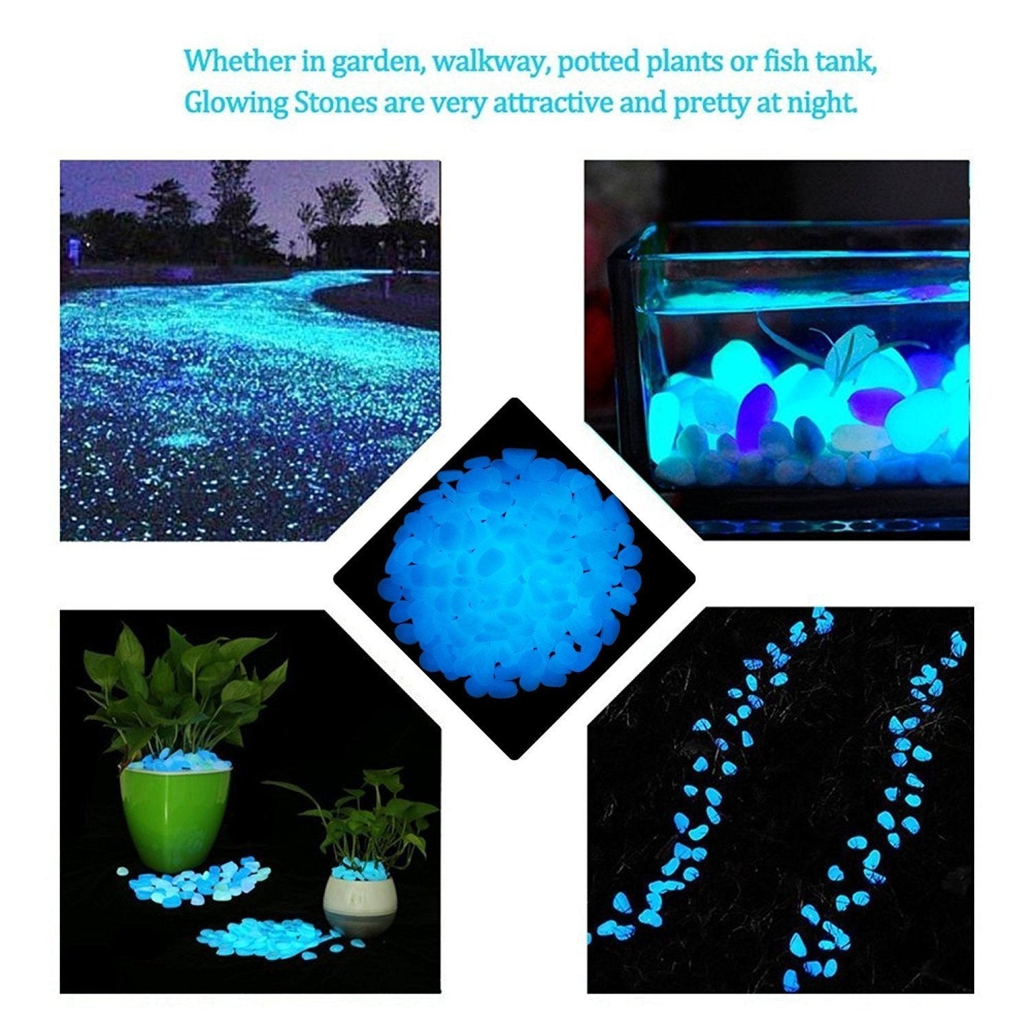 Ebliiny 2.4Lbs 550 Pcs Glow in The Dark Stones Garden Pebbles Rocks Indoor Outdoor Decor Luminous Stone for Walkways Driveway Yard Grass Fish Tank(White in Daytime, Blue in Night)