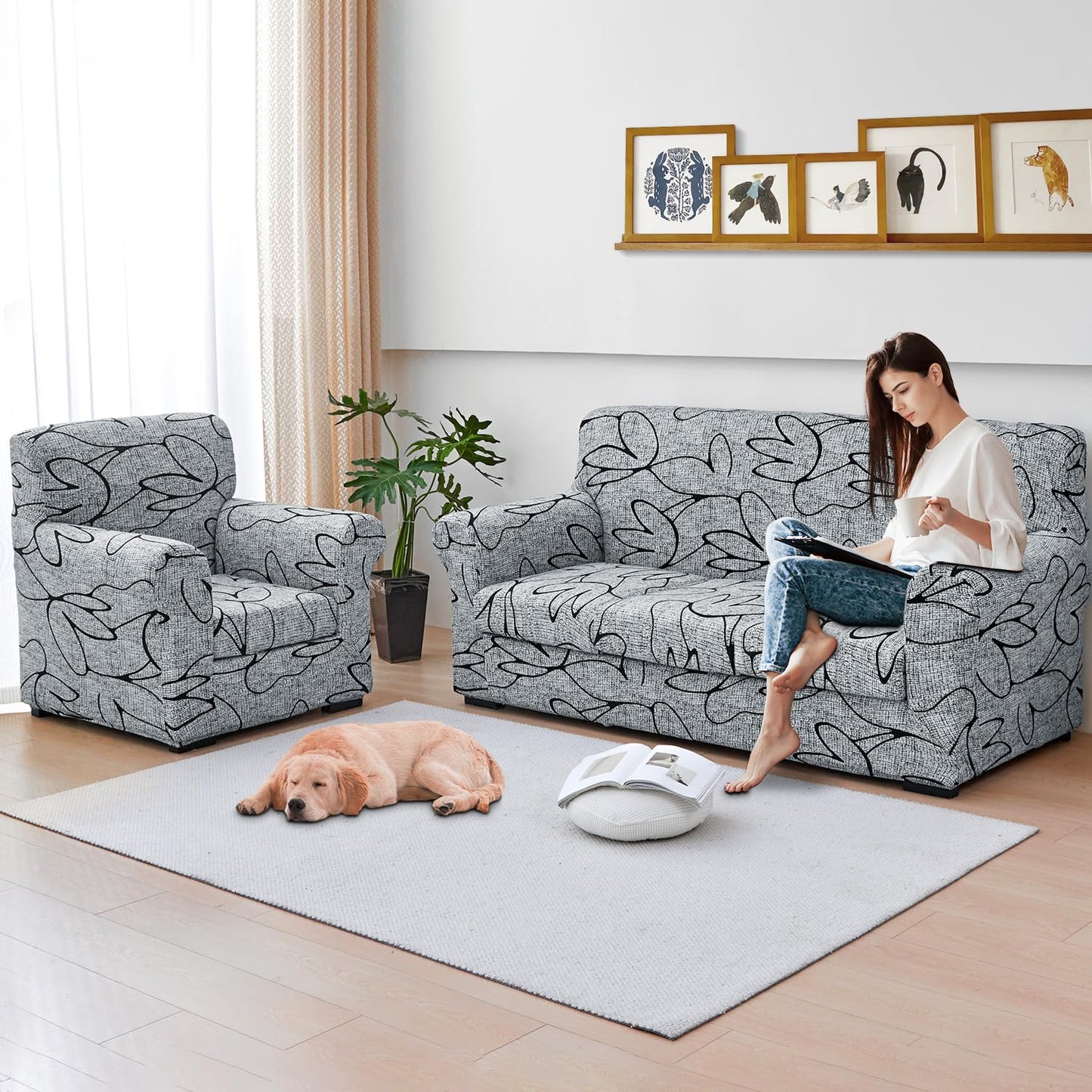 Keyroal Stretch Printed Sofa Cover Couch Covers, 2-Piece Armchair Cover with Separate Cushion Cover, Washable Soft Spandex Furniture Protector for Living Room(Armchair, Grey Lotus)