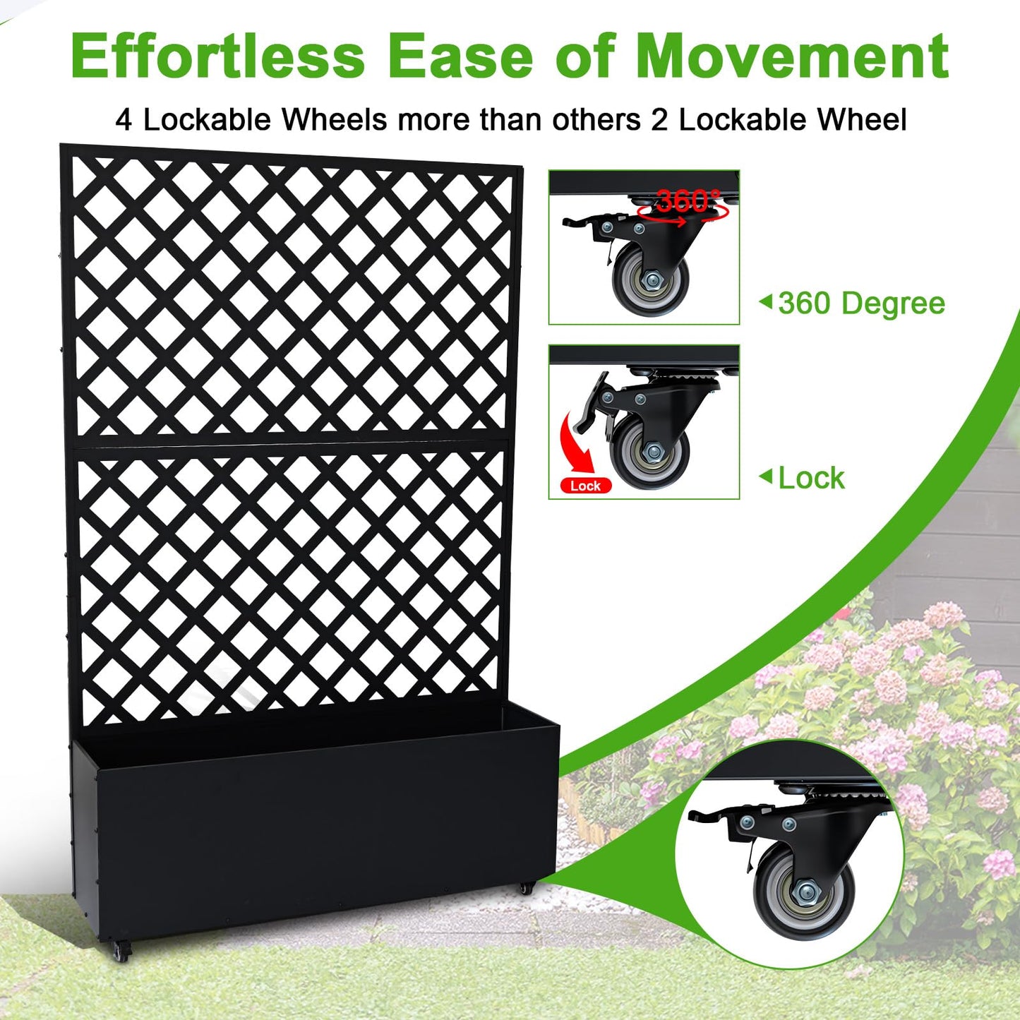 IDEALHOUSE 72" Raised Garden Bed with Trellis, Galvanized Steel Planter Box with Lockable Wheels, Mobile Privacy Screen for Climbing Plants Outdoor Patio Balcony, Black