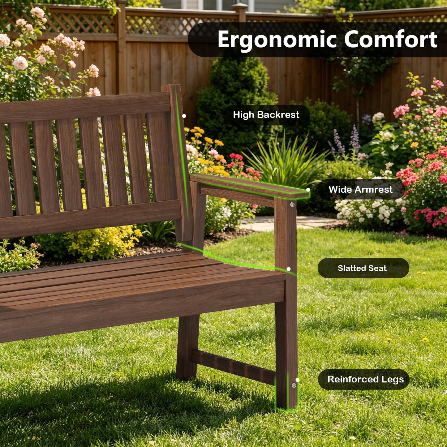 ACUEL Outdoor Bench, 2-Person Garden Bench, Poly Lumber Patio Bench for Outdoors, Porch, and Park (Brown)