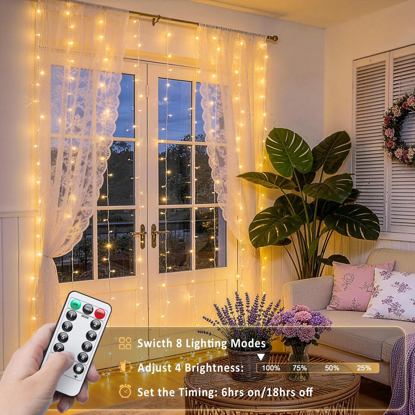 JMEXSUSS 200 LED Curtain Lights for Bedroom, Warm White Curtain Fairy Lights for Backdrop Indoor, USB Hanging String Lights with Remote for Wall Backdrop Wedding Party Decor, 6.5ftx6.5ft