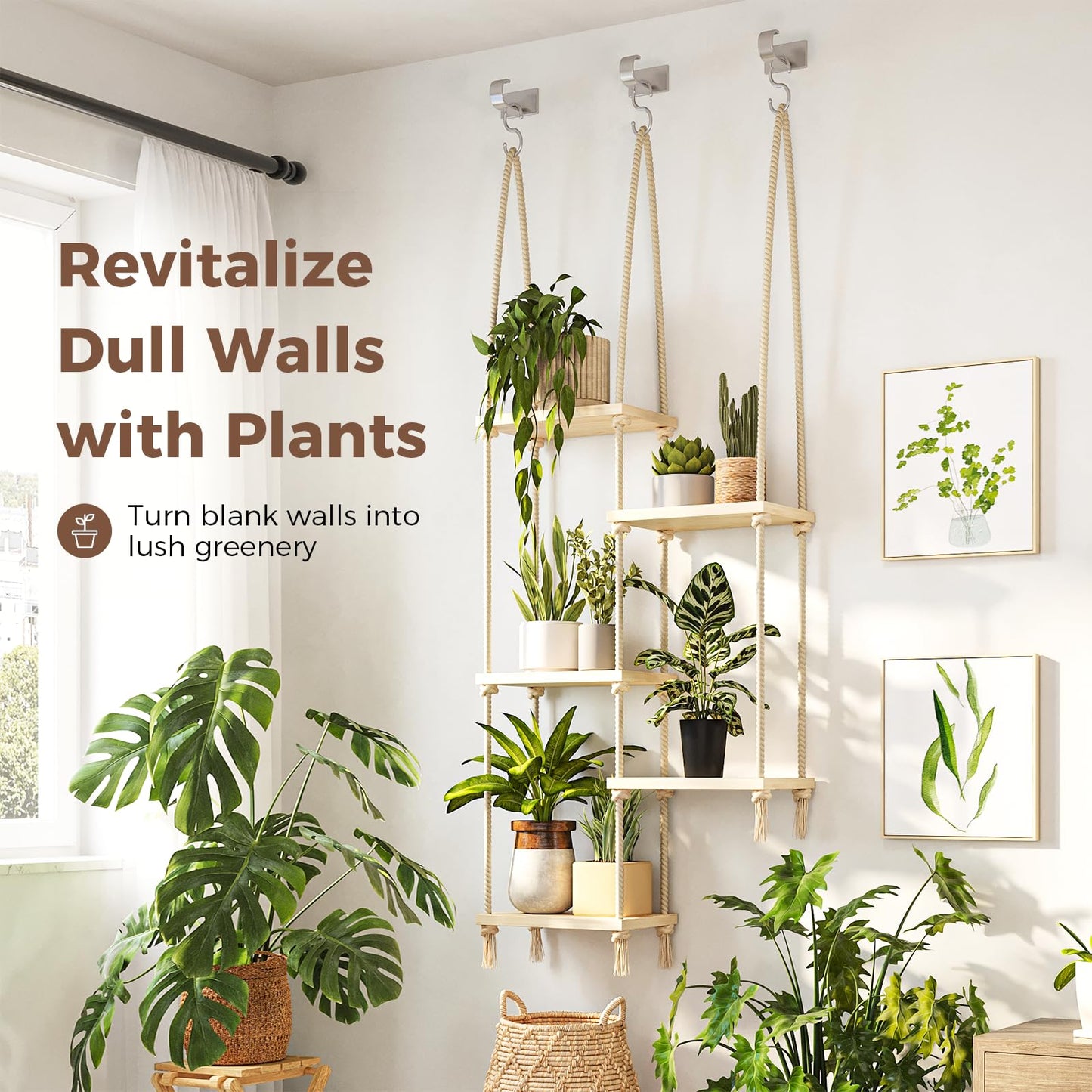 Bamworld Hanging Shelves Plant Hanger Indoor Window Plant Shelves Wood Plant Wall Shelf Window Sill Plant Shelf Indoor Hanging Plant Stand Living Room Decor Garden Boho Decor