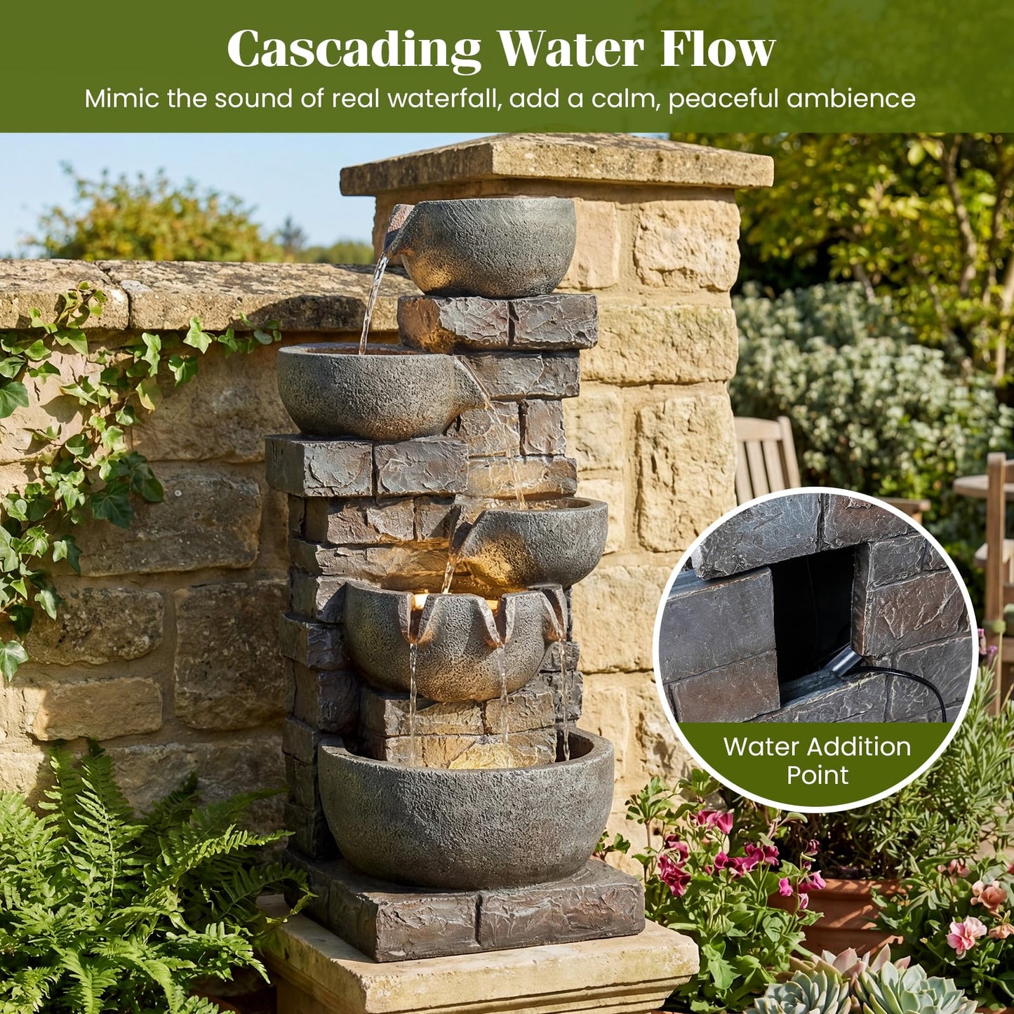 Giantex 33'' Water Fountain Outdoor, 5-Tier Cascading Stacked Stone Bowl Waterfall Fountain with LED Lights & Pump, Outside Water Feature for Patio, Balcony, Deck, Garden, Yard Decor