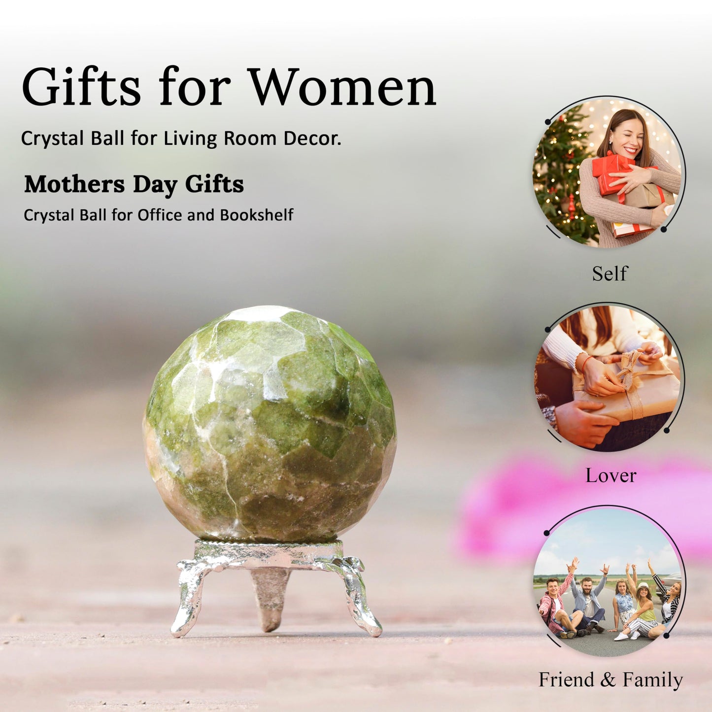 Crocon 50mm Vesuvianite diamond cut Stone sphere Ball with Metal Stand 1400+ Carats Gemstone Ball Healing ornament rock Sphere Sculpture Figurine for Fengshui Divination Crystal Home Decor Photography