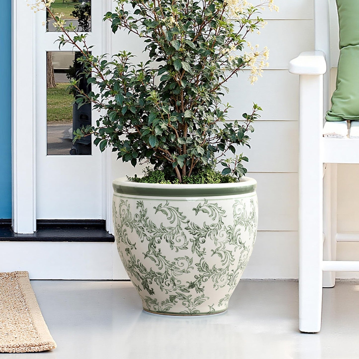 LuxenHome 11.4" Dia Round Ceramic Plant Pots with Floral Pattern, Green and White Large planters for Indoor Outdoor Plants with Drainage Hole, Decorative Flower Pot for Home Garden Patio