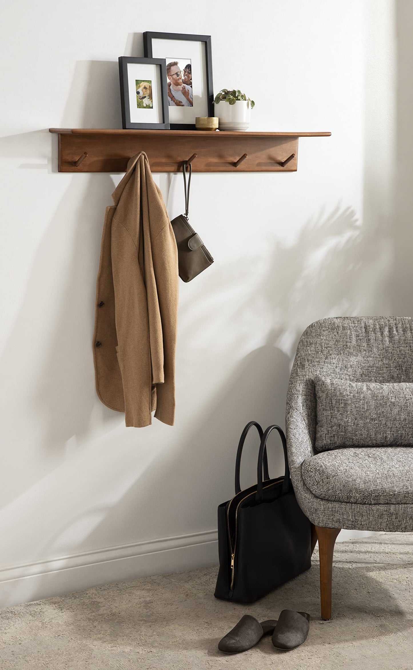 Kate and Laurel Alta Modern Wall Shelf with Hooks; 36 x 5 x 5; Walnut Brown; Decorative Entryway Shelf with 5 Hanging Hooks