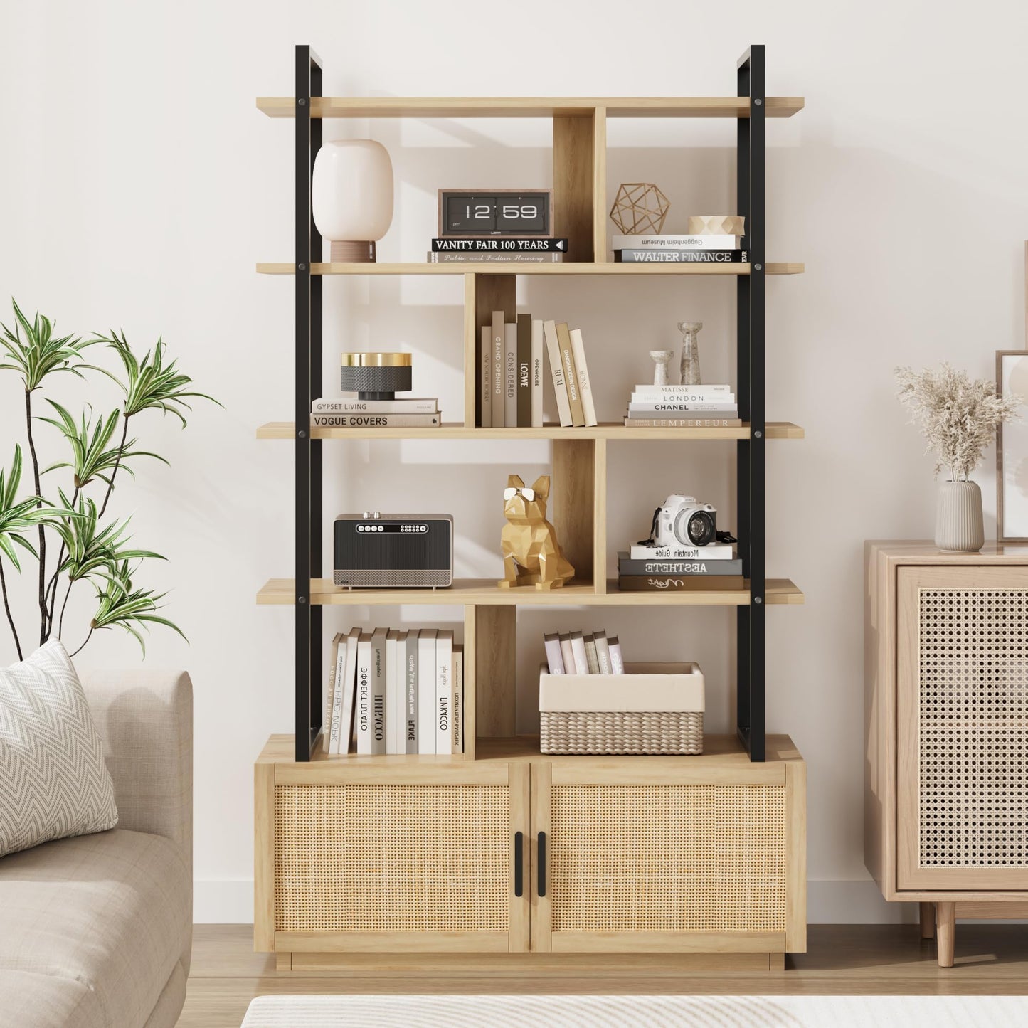 5 Tier Rattan Bookshelf with Storage Cabinet & Door, 71.1 Inch Tall Industrial Book Shelf with Open Display Shelves, 5 Shelf Bookcase with Metal Frame for Living Room, Bedroom (Wood)