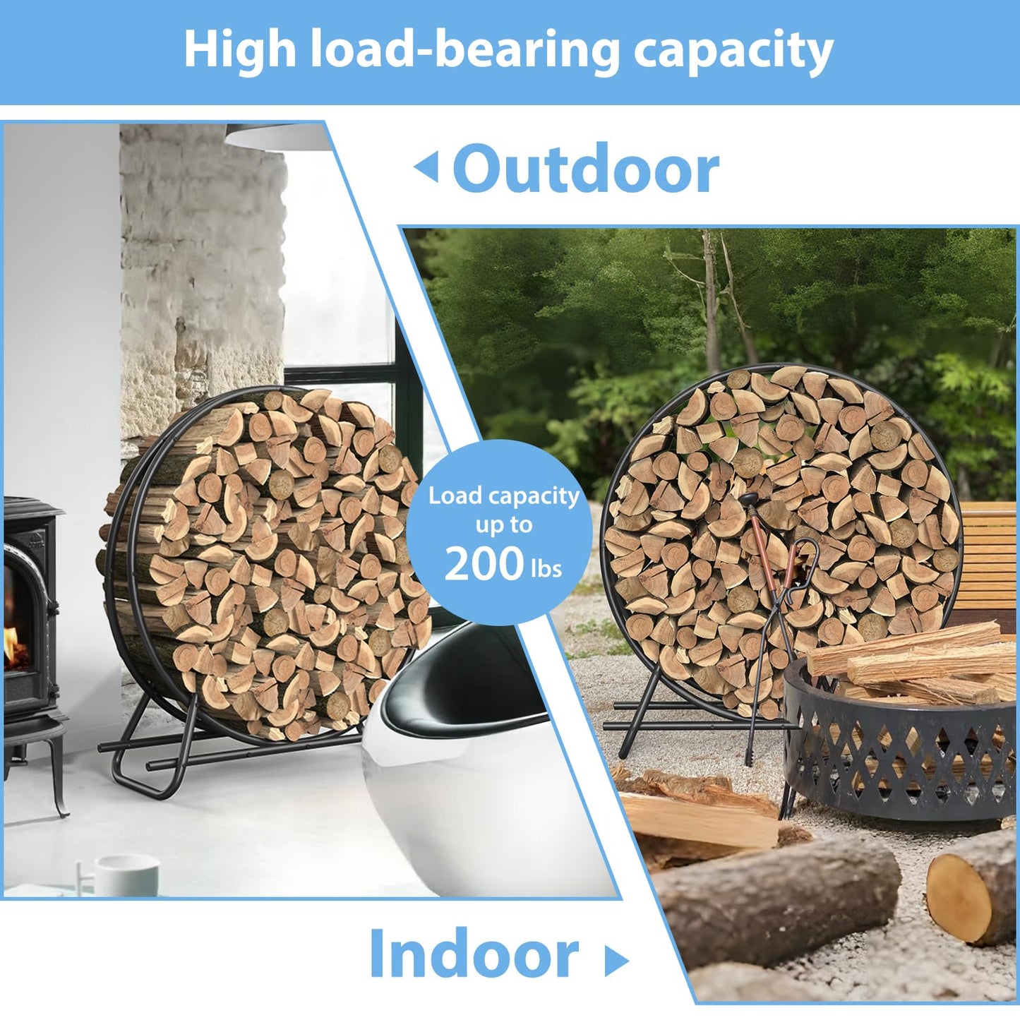 VAMFUTRE 40 Inch Metal Pipe Firewood Rack Circle - Black Steel Log Holder for Indoor and Outdoor Use,Firewood Storage Organizer for Fireplace, Patio, or Backyard (3.3 FT Diameter Rack)