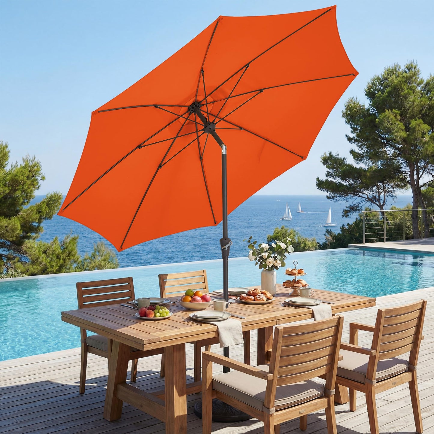 JEAREY 9FT Outdoor Patio Umbrella,Market Table Umbrella with 8 Fiberglass Ribs, Pool Umbrella with Tilt and Crank, UV Protection Lightweight & Wind-Resistant for Lawn, Garden, Deck and Backyard, Orange