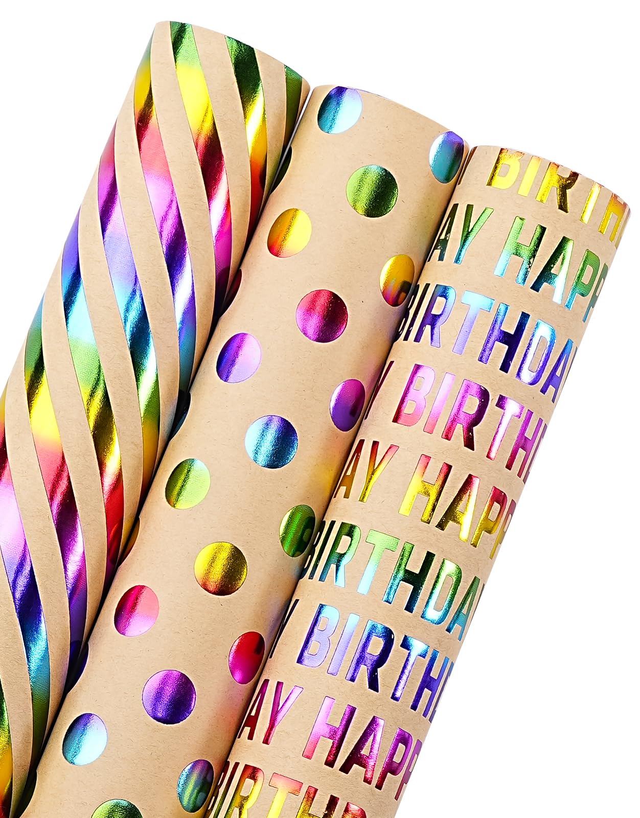 WRAPAHOLIC Kraft Birthday Wrapping Paper Roll - 3 Mini Rolls - 17 Inch x 120 Inch Per Roll - Rainbow Foi Happy Birthday Wrapping Paper for Boys Girls Kids, Baby Shower