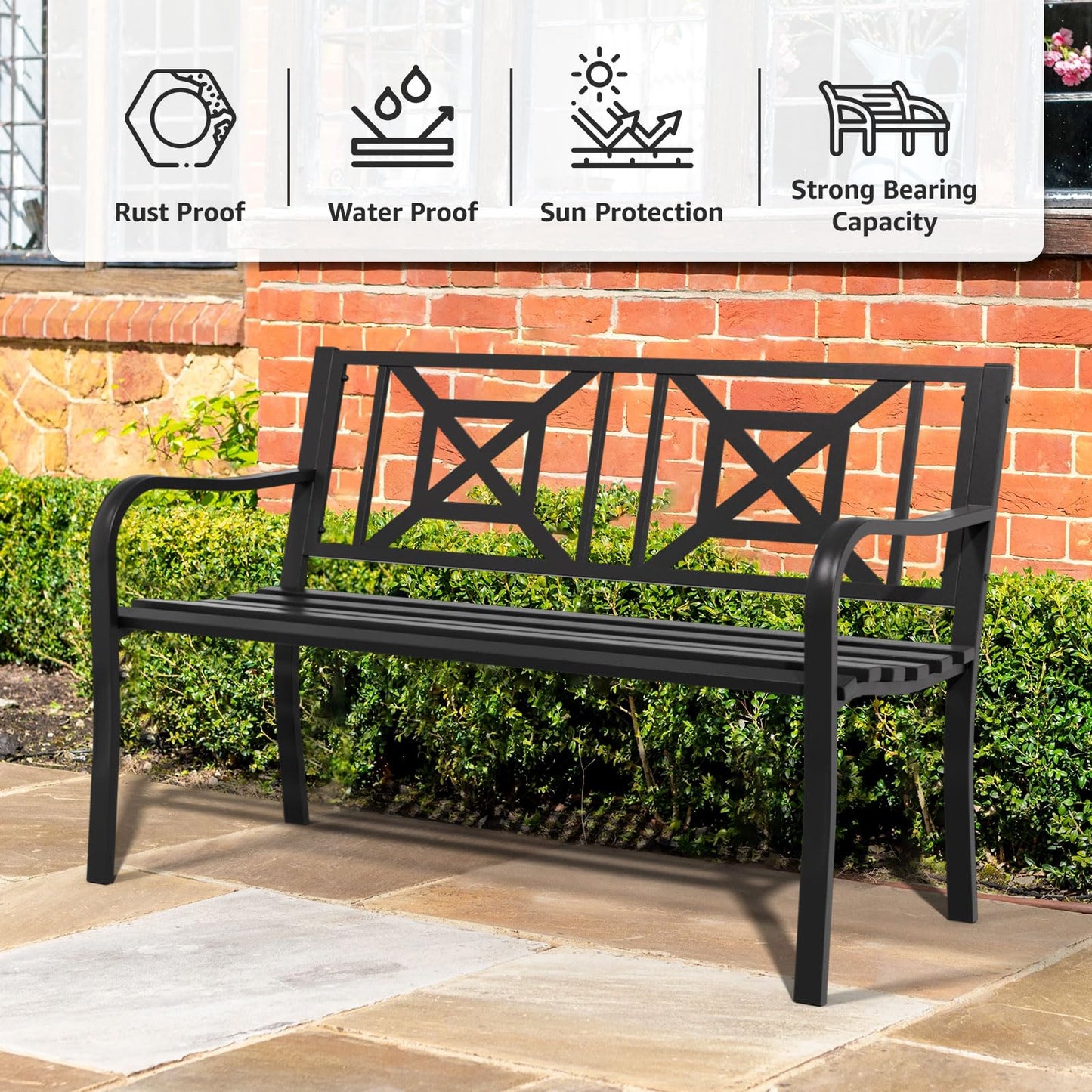 Gymplis Outdoor Bench Garden Bench Patio Bench,Weatherproof Anti-Rust Metal Powder Coated Frame Park Bench,Metal Bench for Yard & Porch & Park (Geometric)