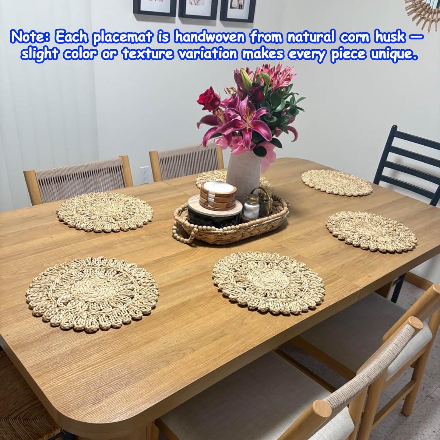 DELAQIKO 13.8" Round Corn Husk Placemats | Boho Woven Rattan Table Mats | Natural Spring Farmhouse Plate Chargers | Handmade Rustic Wicker Place Mats for Christmas Wedding (Set of 4)