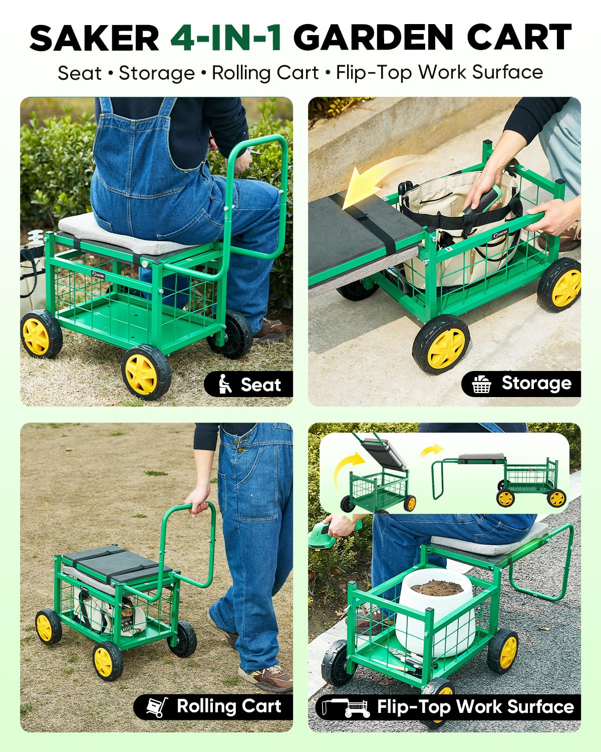 Saker Rolling Garden Cart with Seat & Wheels - 15.7'' EVA Padded Rolling Stool, 500 lb Steel Frame, Large Storage Basket - Garden Wagon Workseat for Patio Lawn Yard (Basic Version)