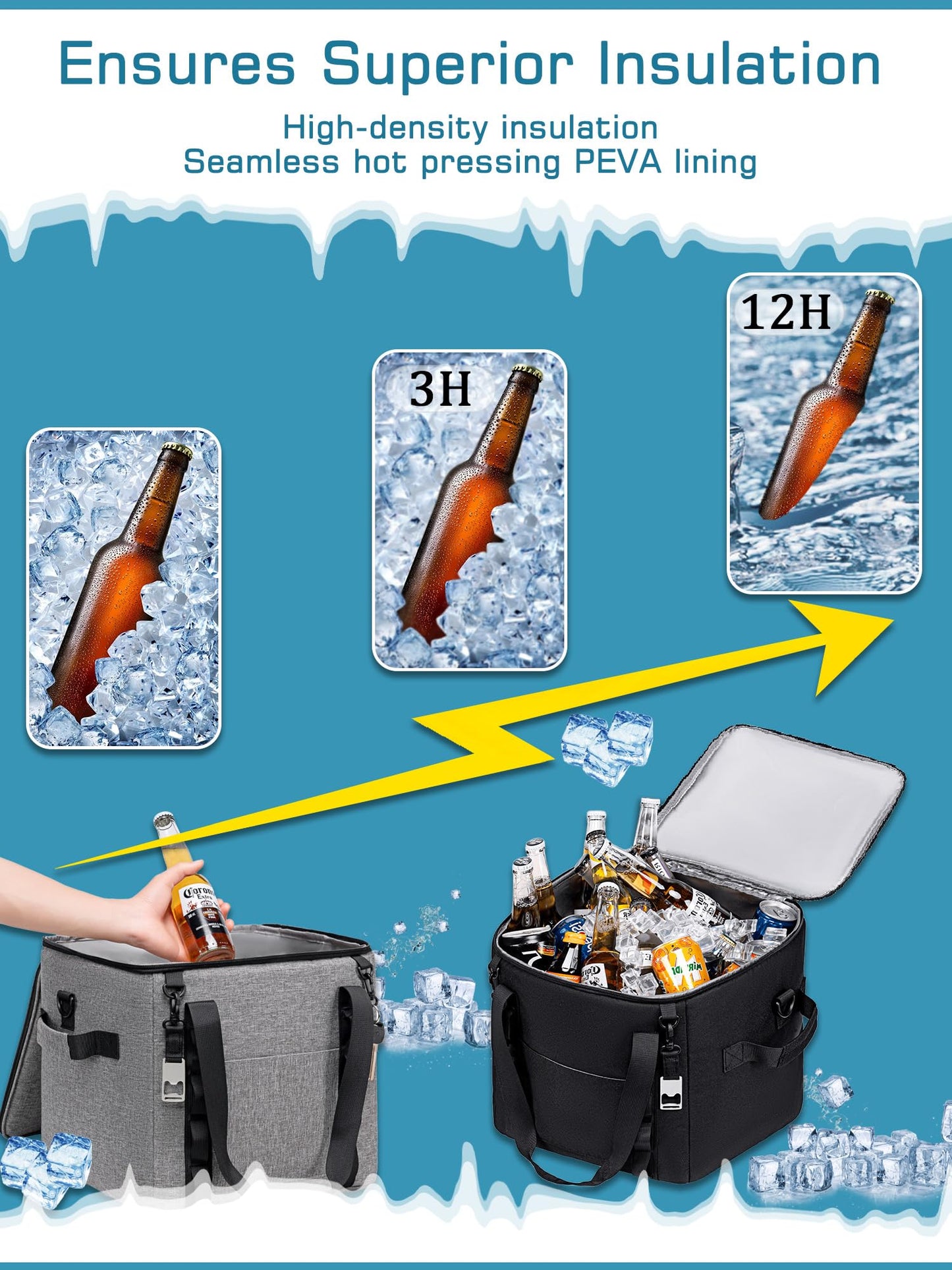 Insulated Soft Cooler Bag 12"x12"x12" Large Leakproof Soft Sided Ice Chest for Travel Beach Camping, 50 Cans Portable Cooler Box for Grocery Shopping, Road Trips, Light Grey