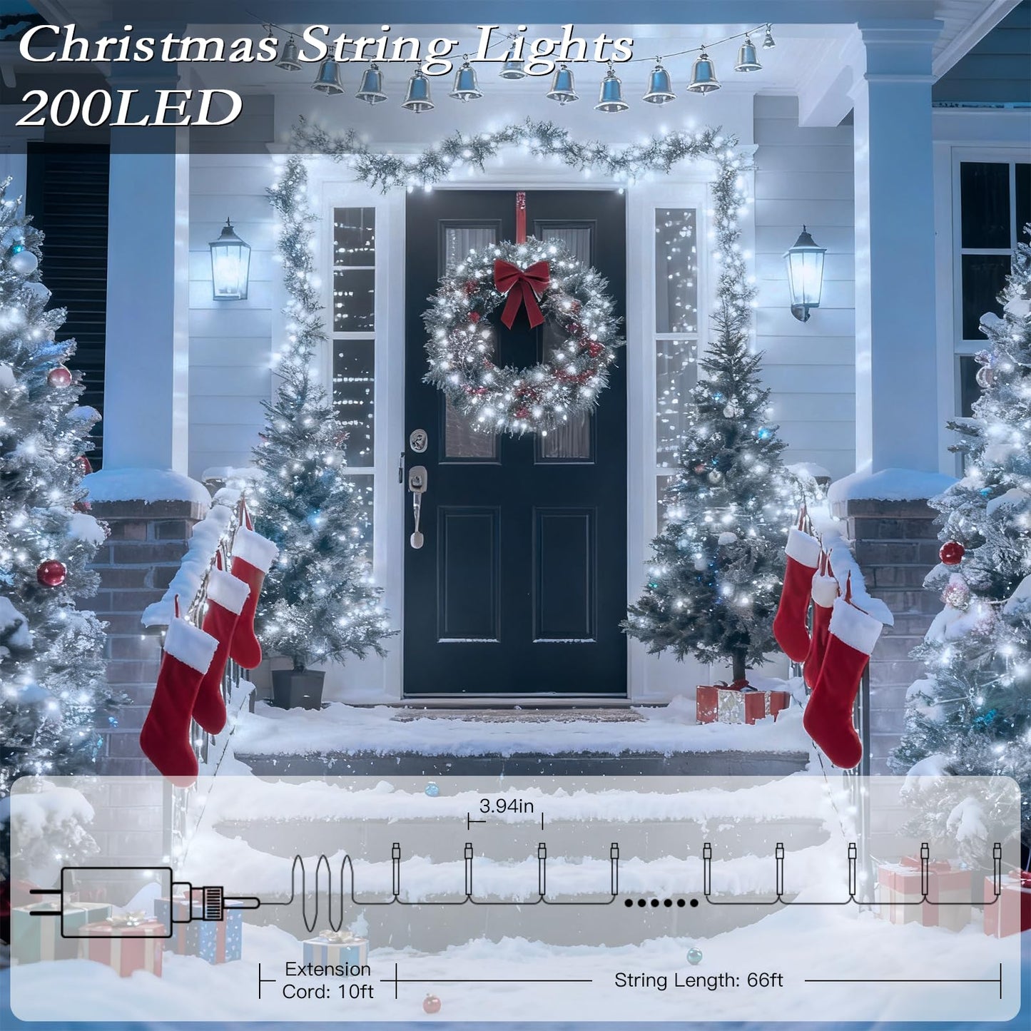 Soagrc 66FT 200 LED Christmas Tree Lights, Bright Cool White Outdoor Christmas String Lights for House, Fairy Lights with 8 Modes, Waterproof & Durable Indoor Outdoor Decor, Timer Included