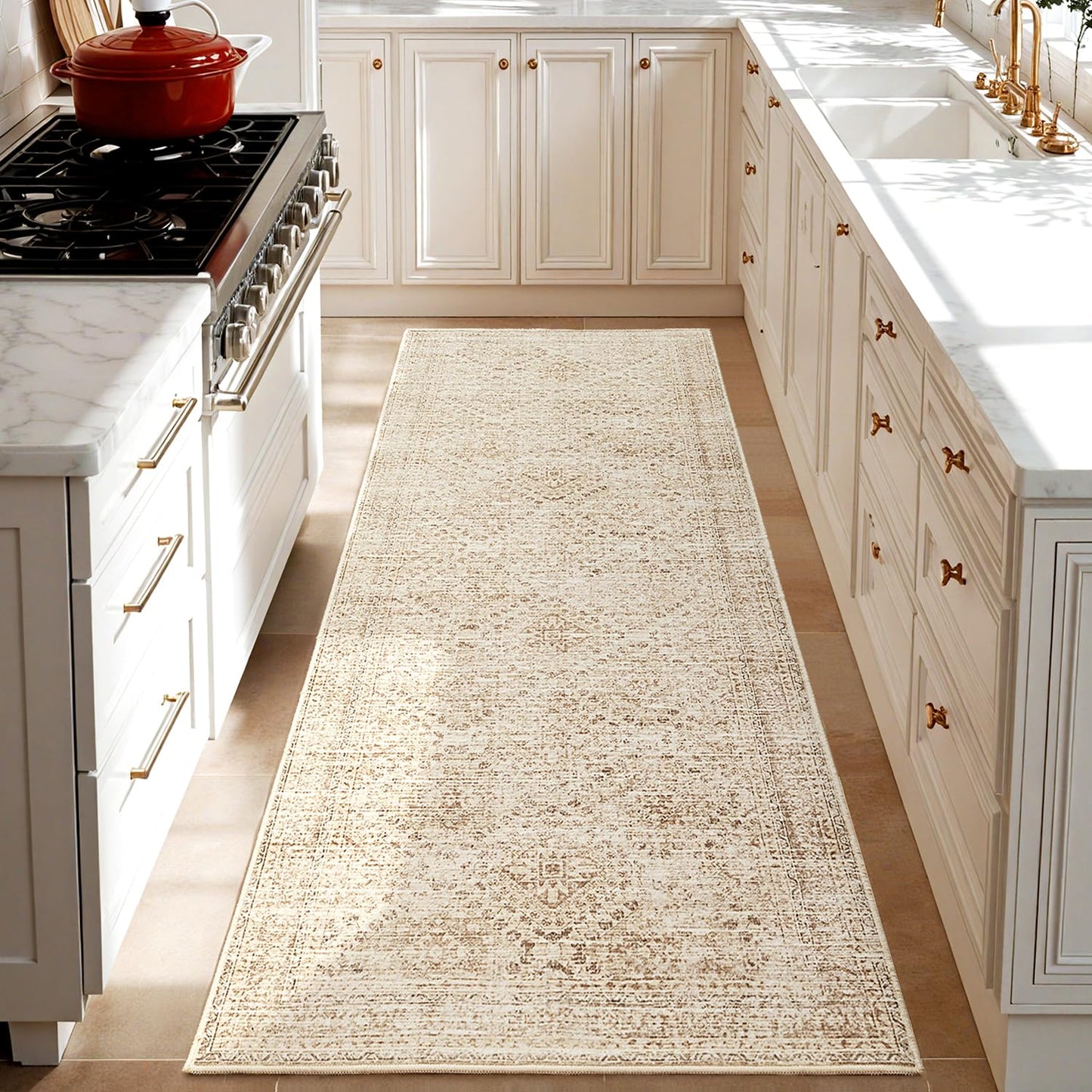 MIULEE 2x6 Washable Hallway Runner Rug, Vintage Long Rug for Hallway Kitchen Bedroom Laundry Room Bathroom, Non-Slip Stain Resistant Soft Throw Carpet Floor Mat, Neutral Beige