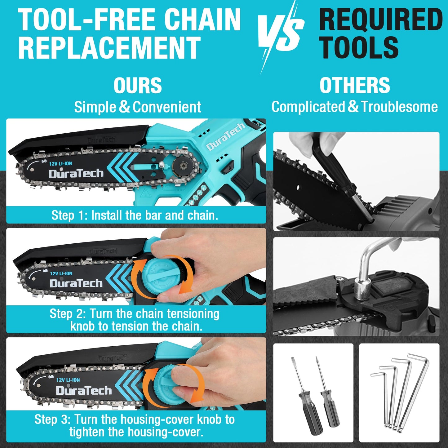 DURATECH 12V Mini Chainsaw, 6 Inch Electric Cordless Chainsaw with 2 Batteries & 2 Chains, One-Hand Operated Portable Wood Saw for Garden Tree Branch Pruning, Wood Cutting