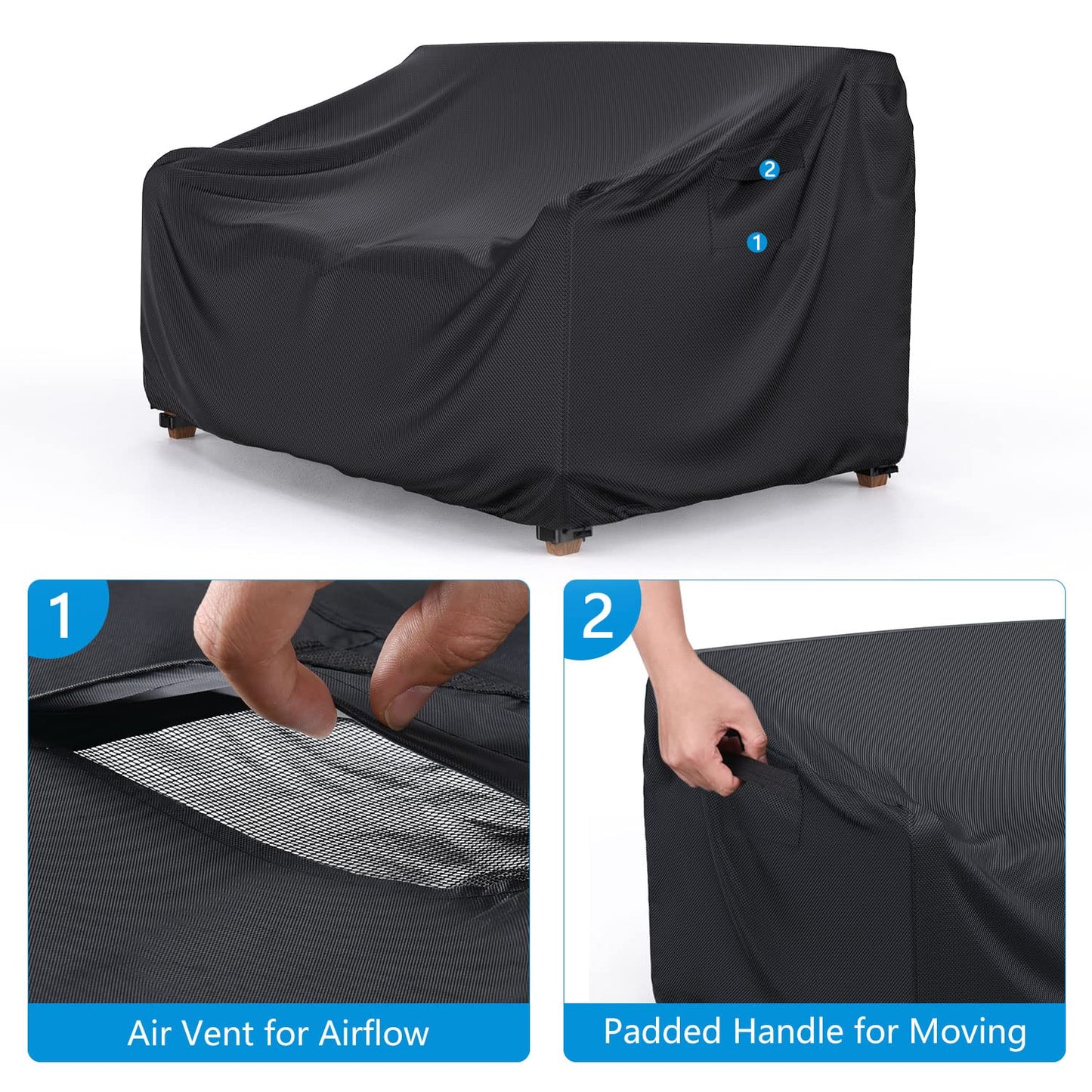 Heavy Duty Patio Sofa Cover Waterproof, Mrrihand 2-Seater Outdoor Sofa Loveseat Cover, Outdoor Patio Furniture Cover with Air Vent and Handles, 60" W×34" D×30" H, Black