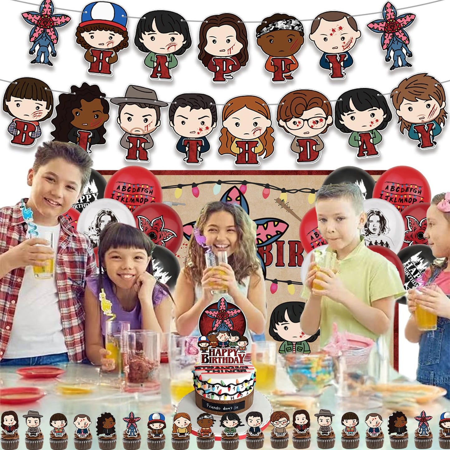 43 Pcs TV Series Theme Birthday Decorations, Cute Birthday Party Decorations, Includes 1 Banner, 1 Backdrop, 1 Cake Topper, 24 Dessert Decorations, and 16 Latex Balloons