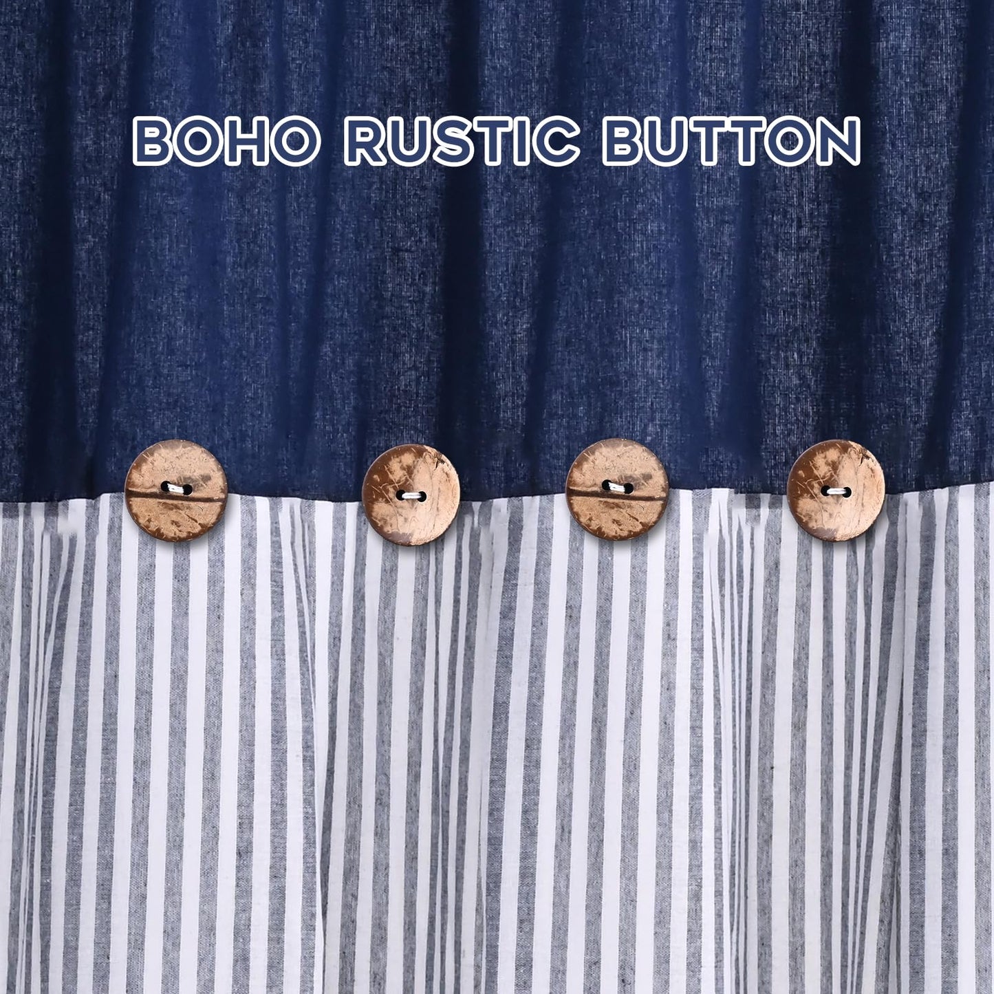 ASPMIZ Cotton Linen Farmhouse Curtains for Living Room, Boho Rustic Button Window Curtain Panels, Blue Striped Curtains for Bedroom, Country Back Tab Modern Drapes for Windows 52 x 84 Inch 2 Panels