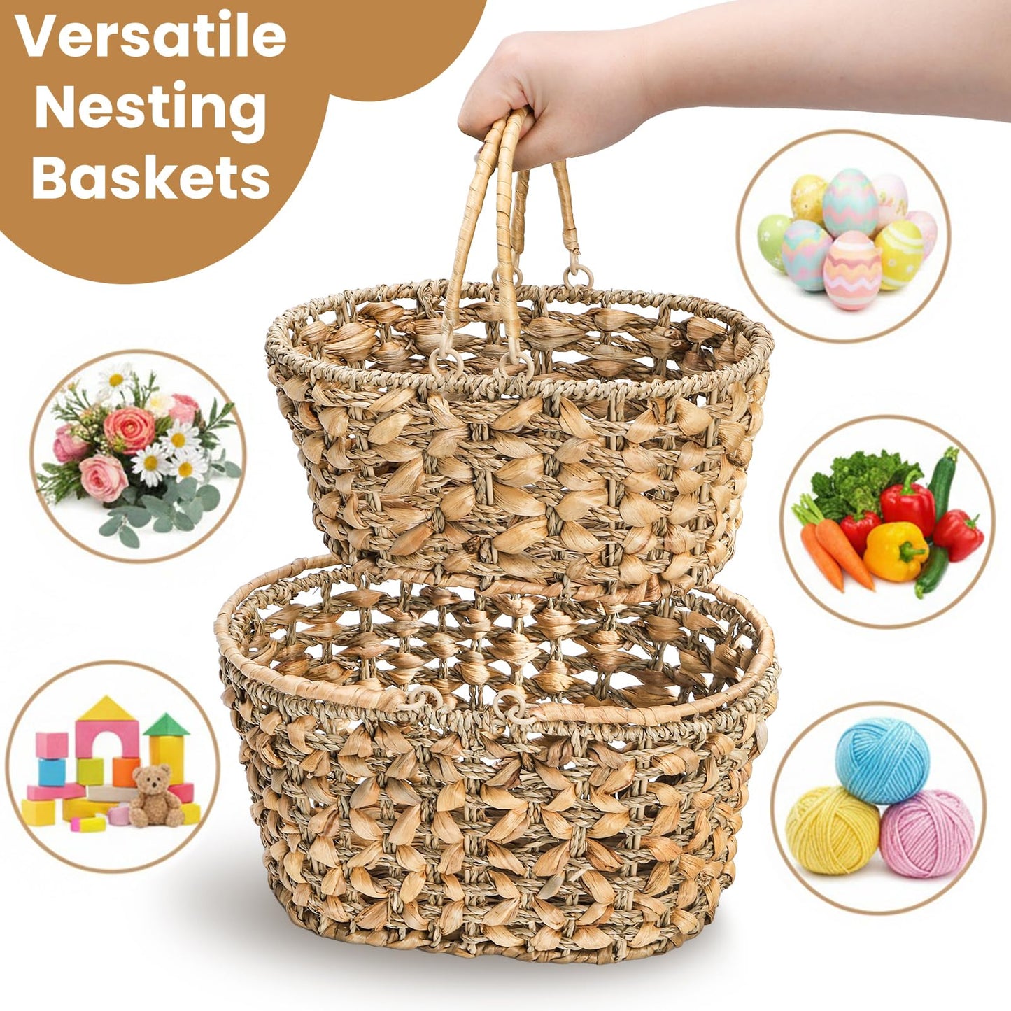 SOUJOY 2 Pack Wicker Picnic Basket with Handle, Natural Hand Woven Rattan Easter Baskets, 13" and 11" Nesting Gift Baskets for Outdoor, Camping, Garden, Wedding, Home Organization
