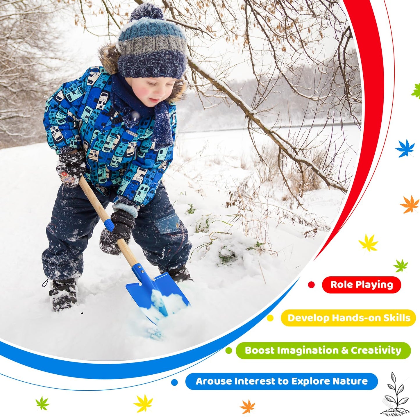 Theefun Kids Garden Tool Set: Safe Toddler Size Hoe, Rake, Shovel, Leaf Rake, Broom 5-Piece Kids Gardening Tools with Wooden Handle and Metal Head for Child Christmas Outdoor Toys Gift for Boys Girls