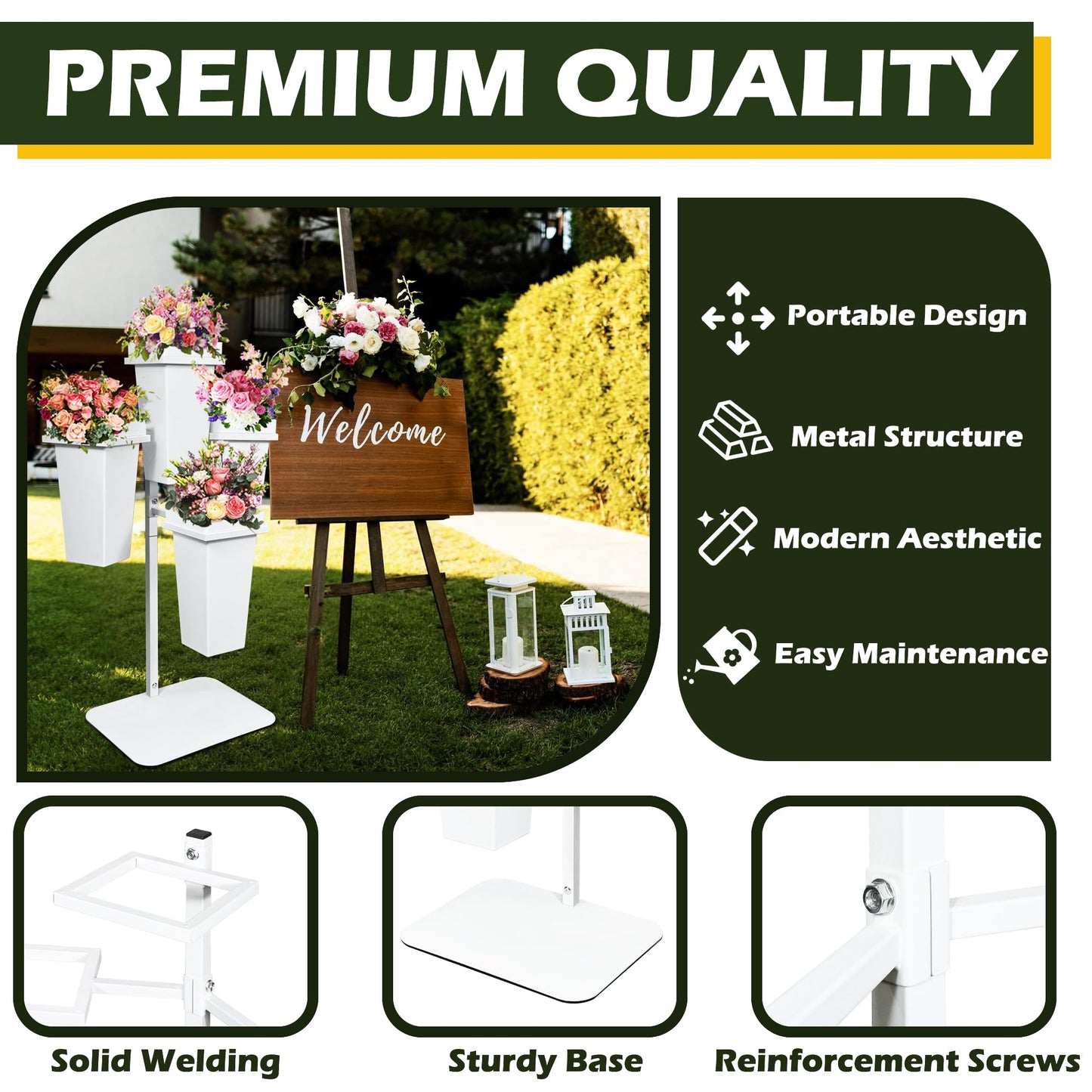 PROLEE Flower Display Stand with Buckets, Wedding Flower Cart Display Stand with Wheels,Flower Stand for Wedding Party, Events and Garden Decor (White)